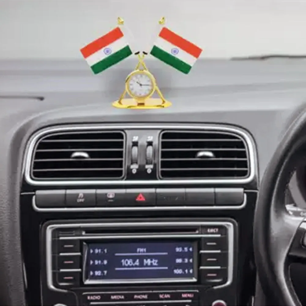 Indian Flag with Quartz Watch for Car Dashboard Exterior Accessories Compatible with All Car Models (D31)
