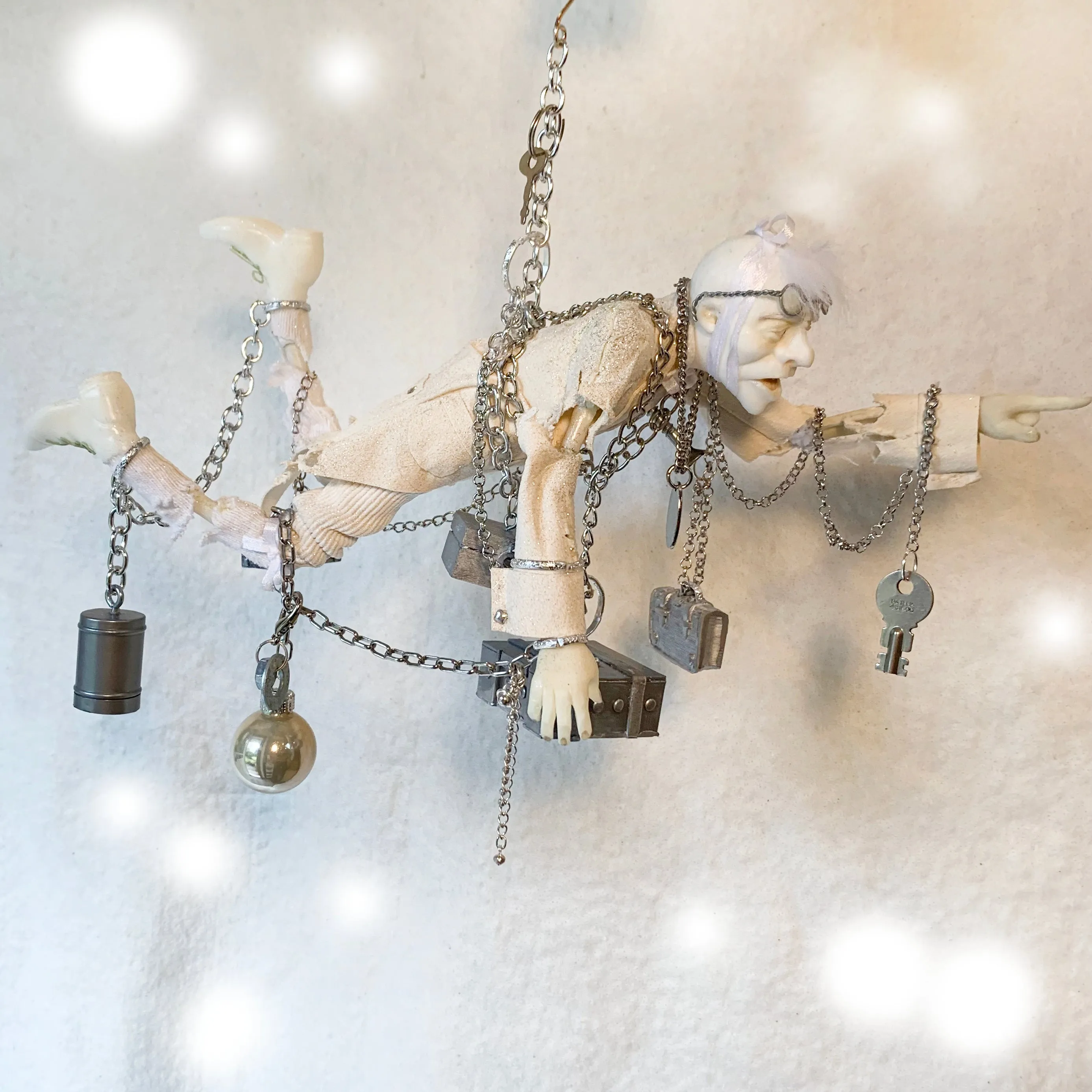 Jacob Marley A Christmas Carol Character Decoration - Charles Dickens Collectable - Floating tethered with chains - Handmade Sculpture