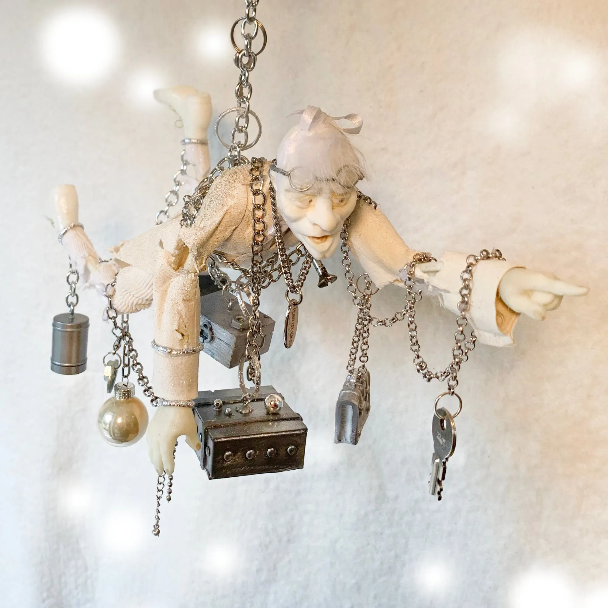 Jacob Marley A Christmas Carol Character Decoration - Charles Dickens Collectable - Floating tethered with chains - Handmade Sculpture