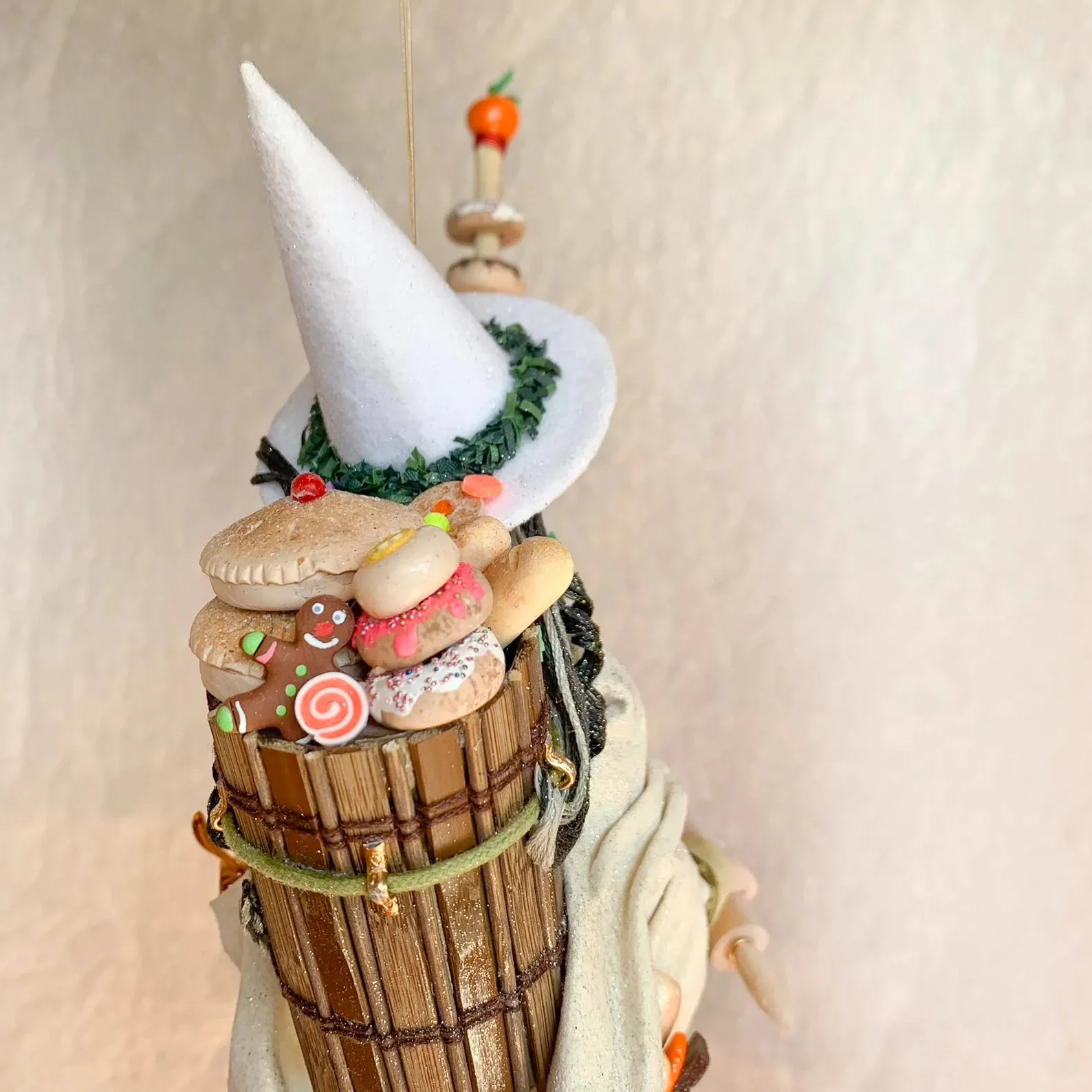 Kitchen Witch overflowing with cooking spices, utensils and yummy baked goods - Hanging Ornament - white witch - good luck - Broom - Fedoruk