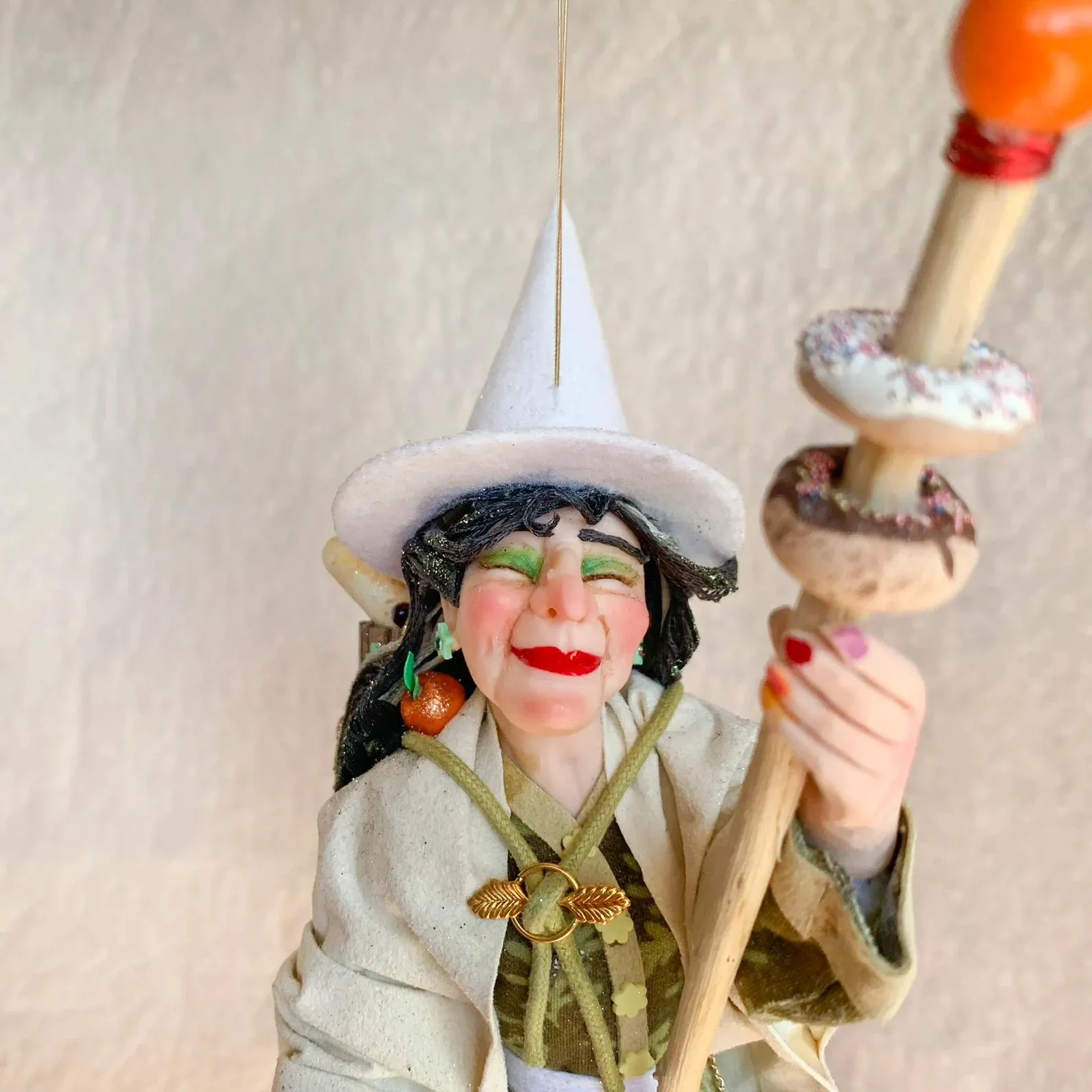 Kitchen Witch overflowing with cooking spices, utensils and yummy baked goods - Hanging Ornament - white witch - good luck - Broom - Fedoruk