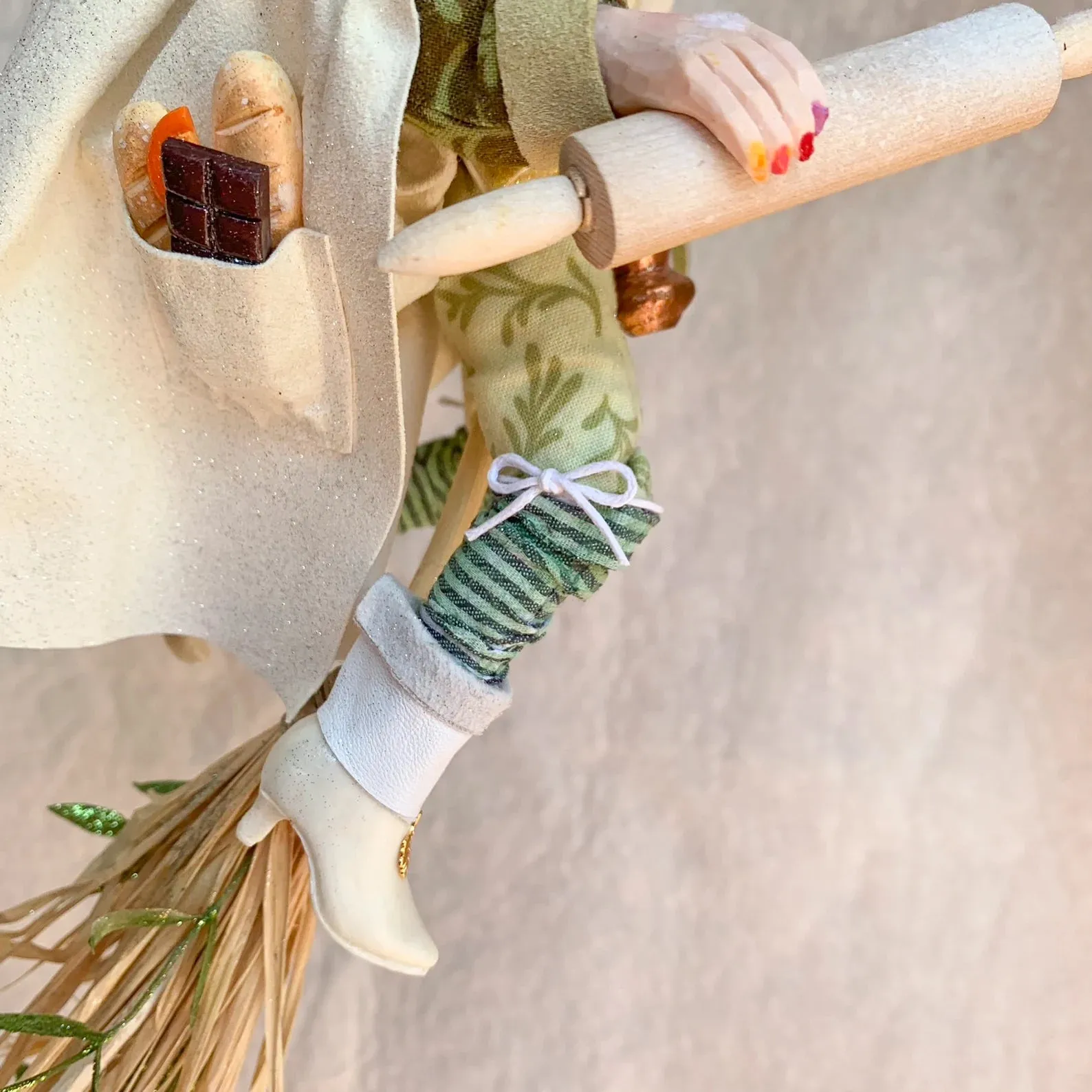 Kitchen Witch overflowing with cooking spices, utensils and yummy baked goods - Hanging Ornament - white witch - good luck - Broom - Fedoruk