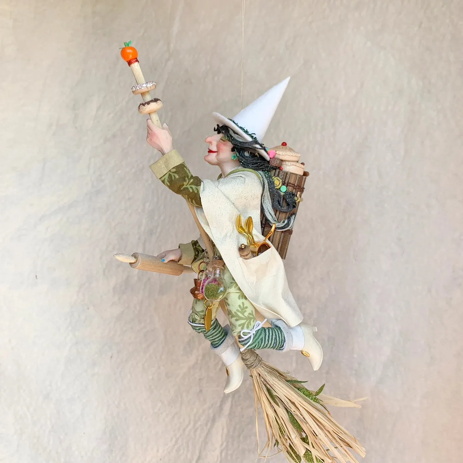 Kitchen Witch overflowing with cooking spices, utensils and yummy baked goods - Hanging Ornament - white witch - good luck - Broom - Fedoruk