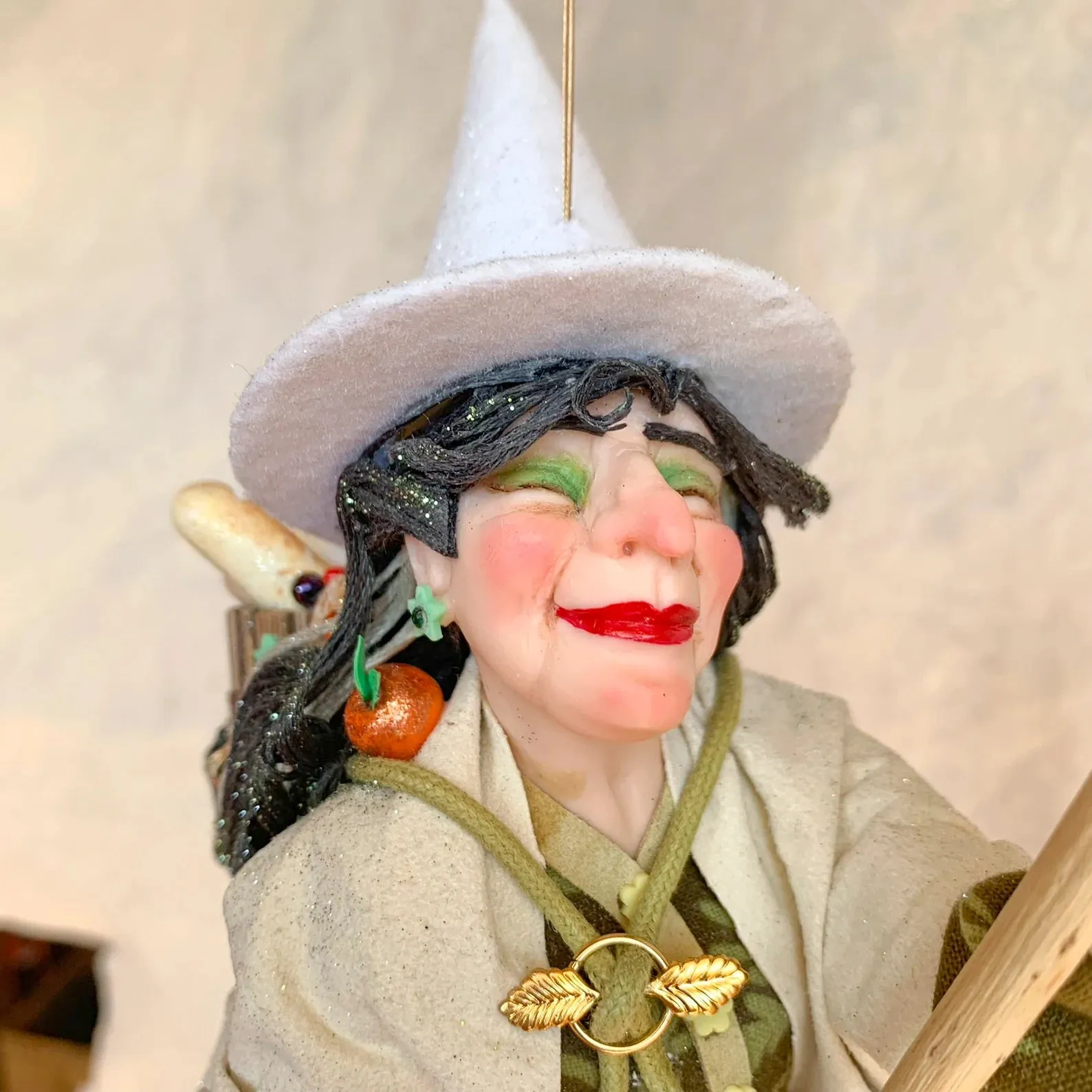 Kitchen Witch overflowing with cooking spices, utensils and yummy baked goods - Hanging Ornament - white witch - good luck - Broom - Fedoruk