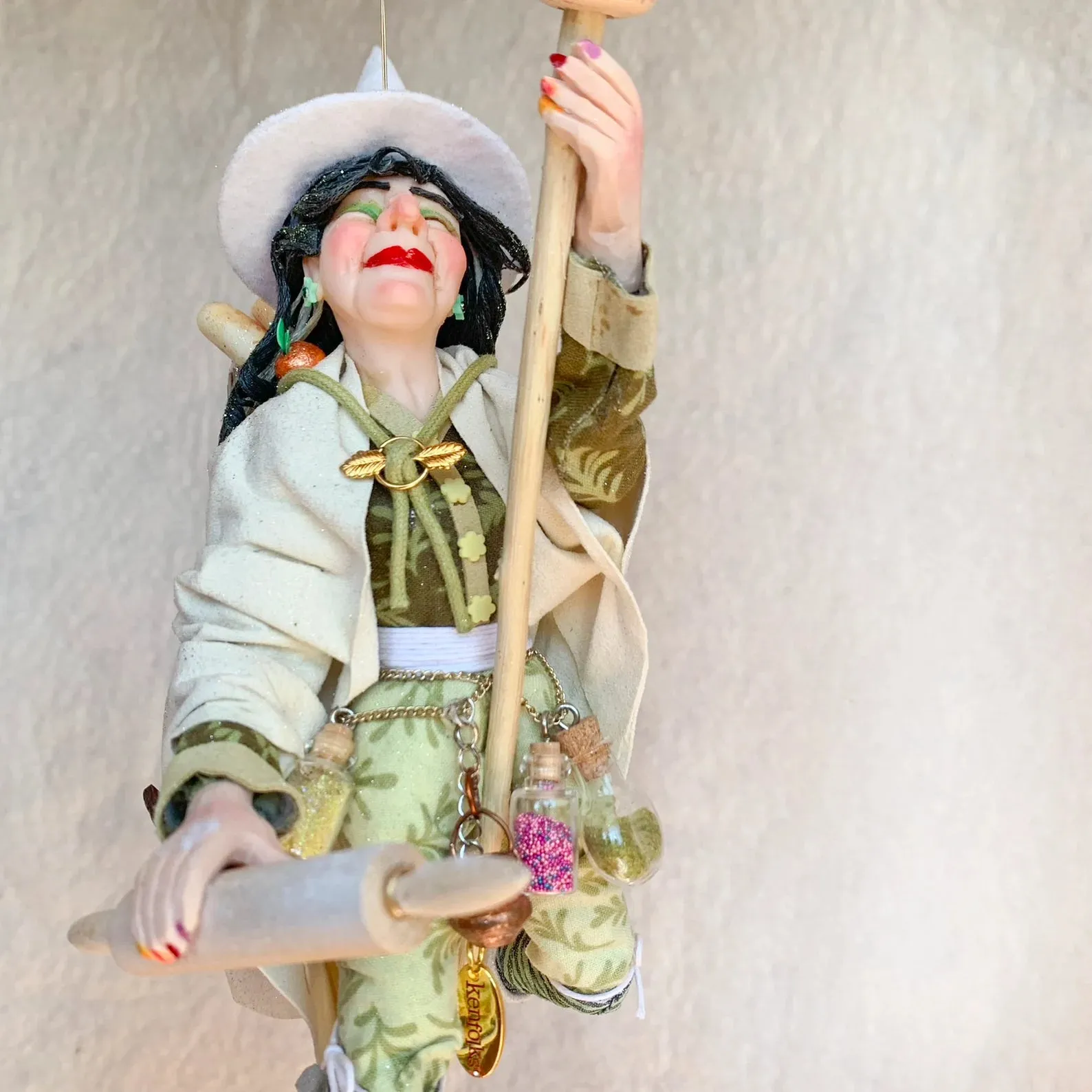 Kitchen Witch overflowing with cooking spices, utensils and yummy baked goods - Hanging Ornament - white witch - good luck - Broom - Fedoruk