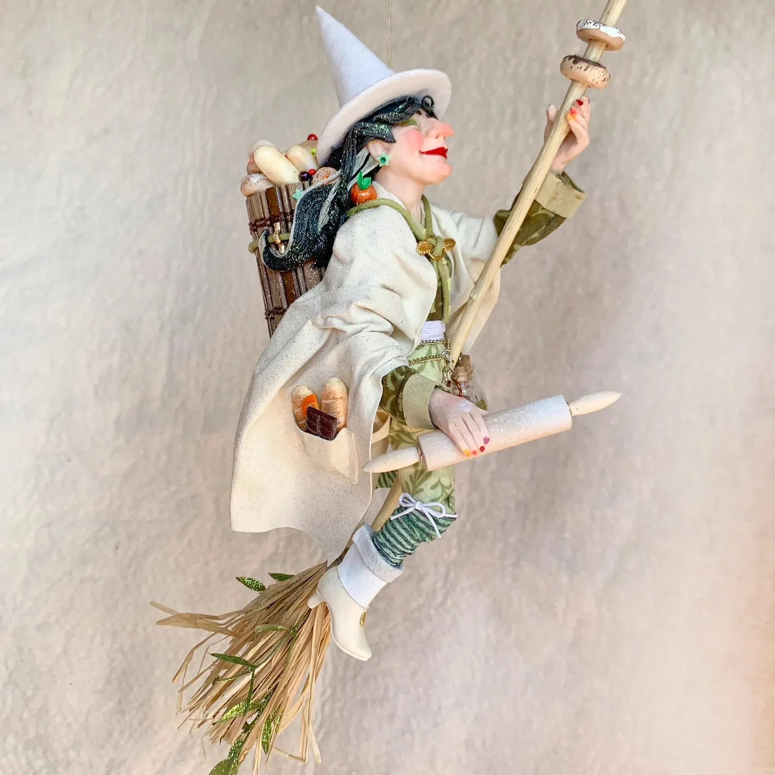 Kitchen Witch overflowing with cooking spices, utensils and yummy baked goods - Hanging Ornament - white witch - good luck - Broom - Fedoruk