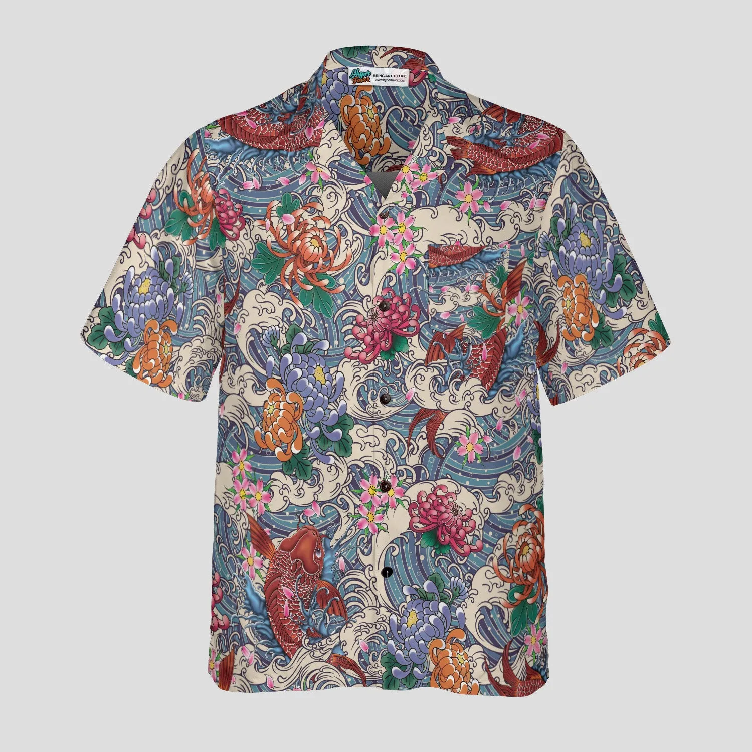 Koi Wave Harmony Hawaiian Shirt for Men, Japanese Koi Fish Aloha Shirt, Traditional Tattoo Style Beach Shirt