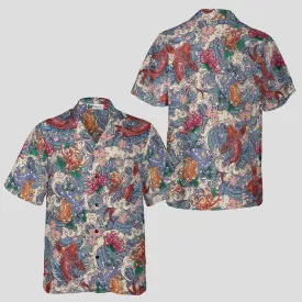 Koi Wave Harmony Hawaiian Shirt for Men, Japanese Koi Fish Aloha Shirt, Traditional Tattoo Style Beach Shirt