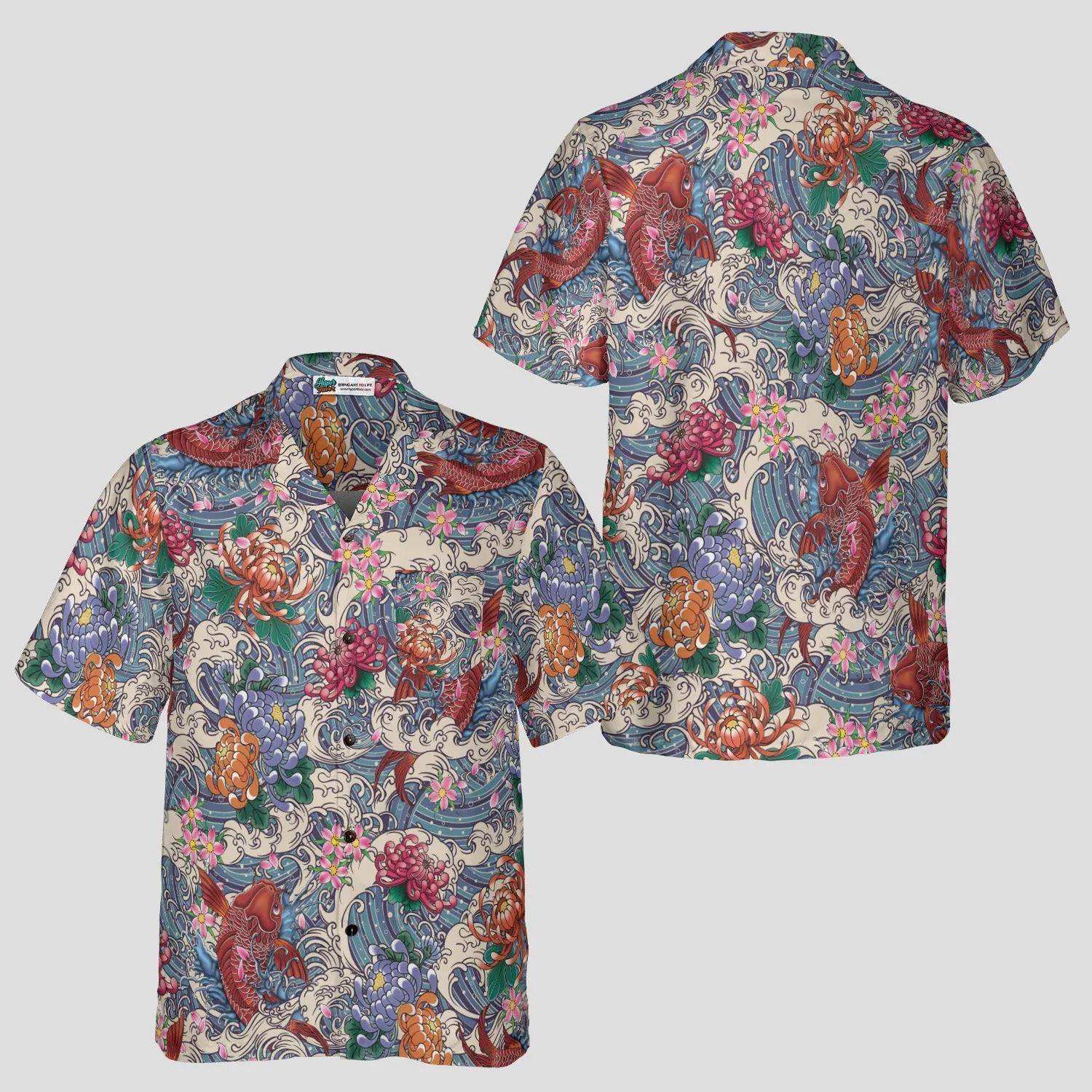 Koi Wave Harmony Hawaiian Shirt for Men, Japanese Koi Fish Aloha Shirt, Traditional Tattoo Style Beach Shirt