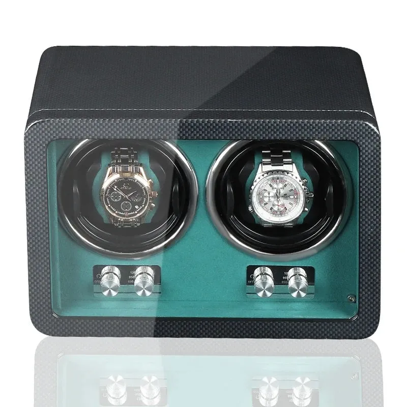 Luxurious Carbon Solid Wood Fibre Material Antimagnetic Double Watch Winder With LED and AC/DC Adapter