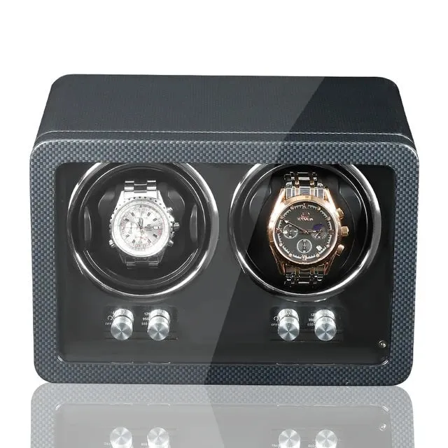 Luxurious Carbon Solid Wood Fibre Material Antimagnetic Double Watch Winder With LED and AC/DC Adapter