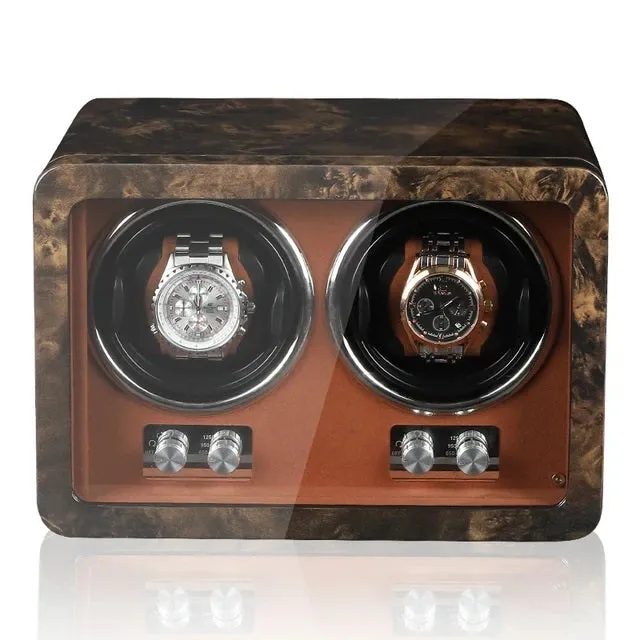 Luxurious Carbon Solid Wood Fibre Material Antimagnetic Double Watch Winder With LED and AC/DC Adapter