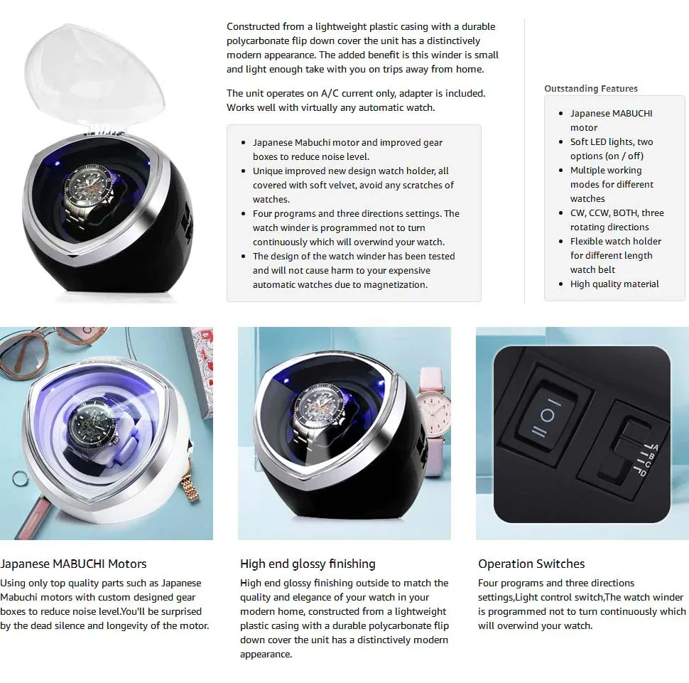 Luxury Automatic Single Watch Winder Fine Running Case With LED Lights and AC Power Adapter