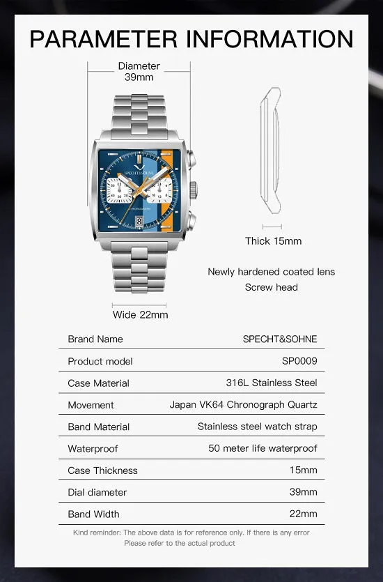 Monaco Gulf Style Quartz Chronograph Waterproof with Calendar Sports Watch for Man