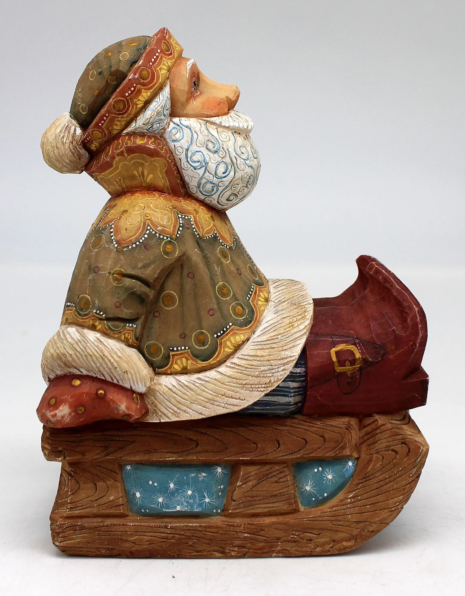 One-of-a-Kind Santa on Sleigh WOODCARVED Handpainted Figurine 4.5" by G.DeBrekht Reserve