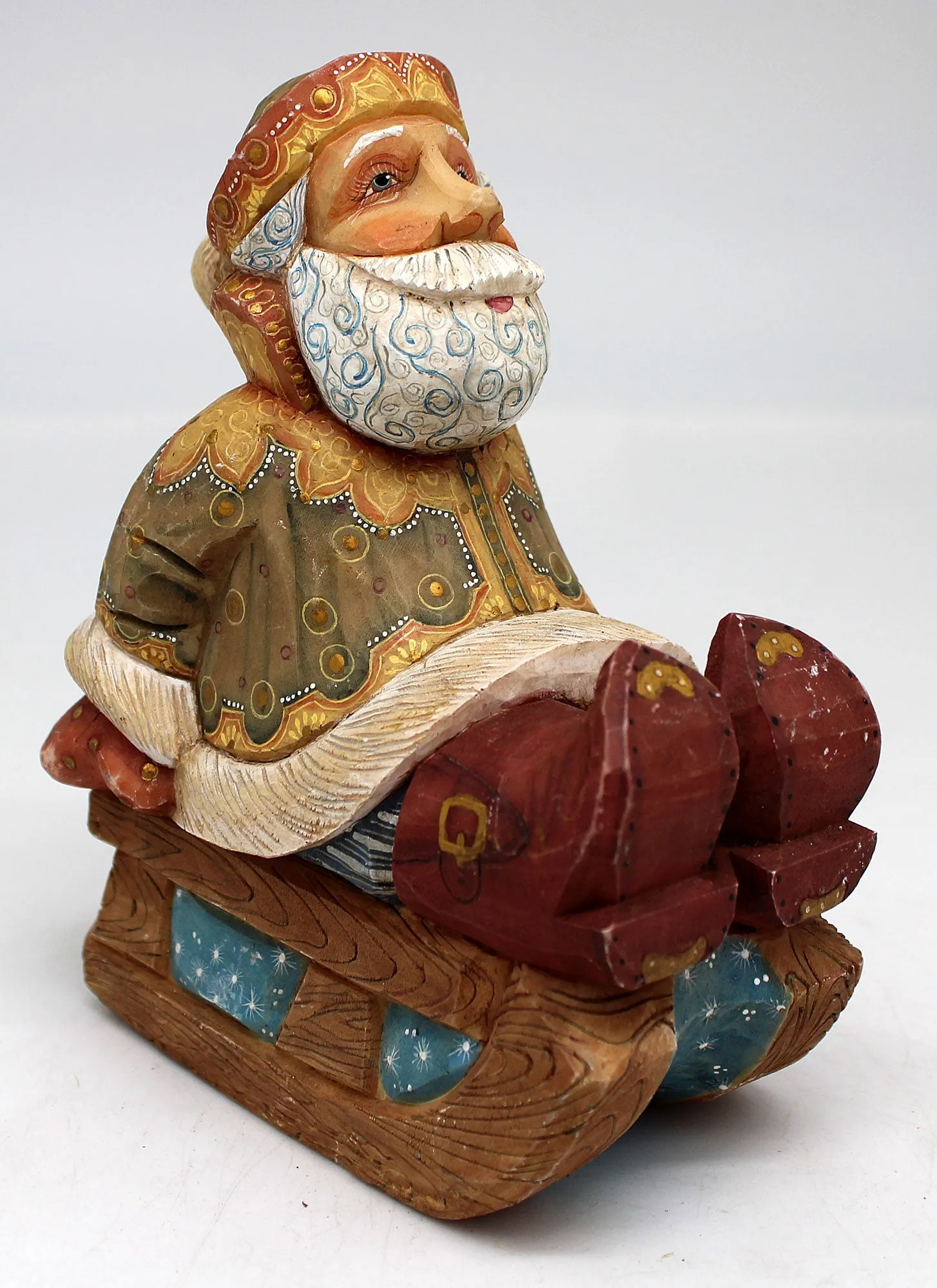 One-of-a-Kind Santa on Sleigh WOODCARVED Handpainted Figurine 4.5" by G.DeBrekht Reserve