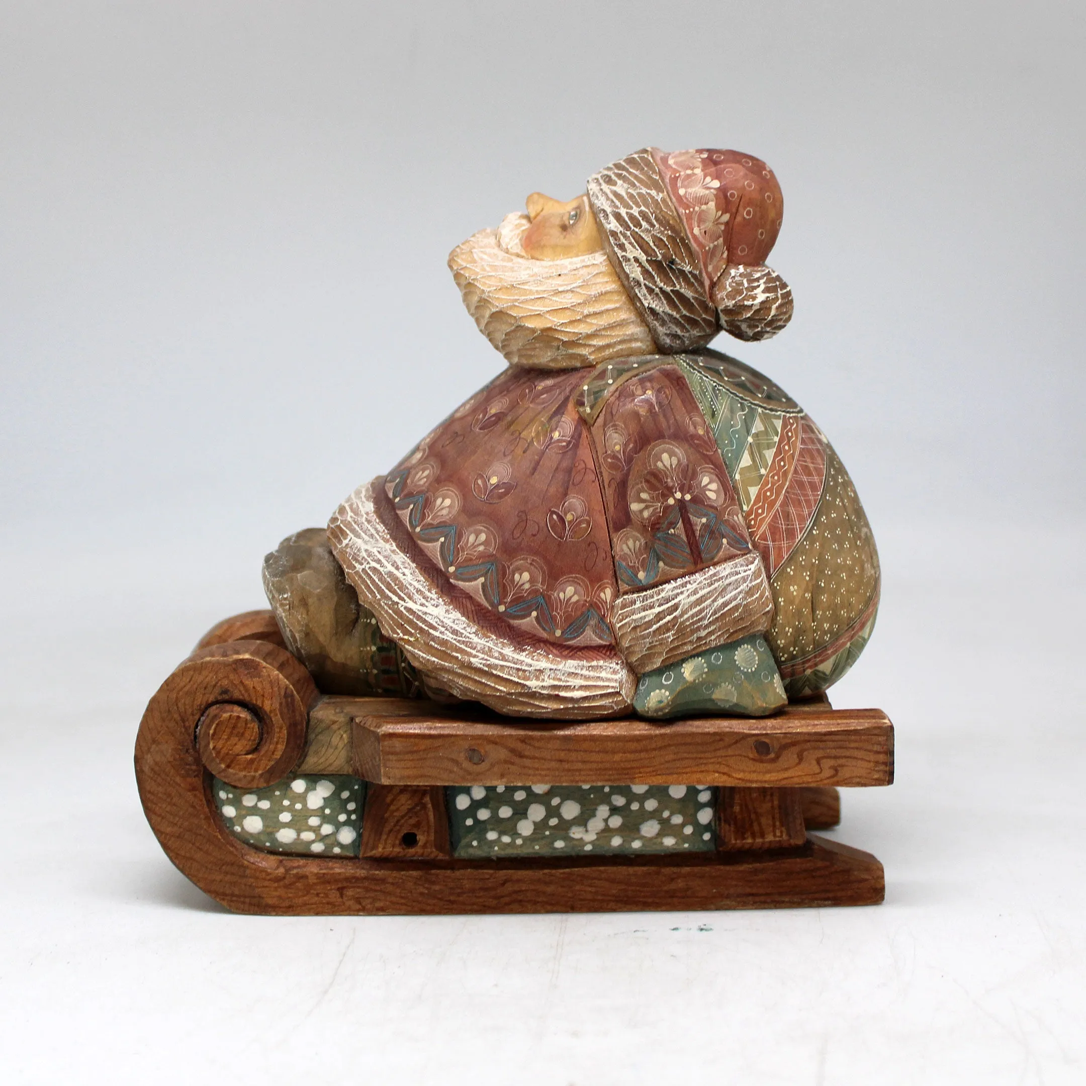 One-of-a-Kind Santa with Bag on Sleigh WOODCARVED Figurine 6x6x35 inches by G DeBrekht - - Unique Handcarved and Handpainted Collectible