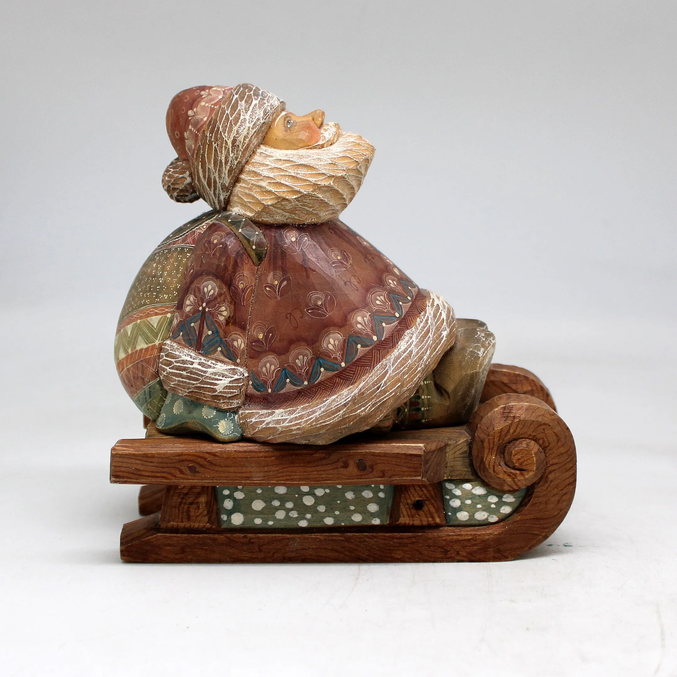One-of-a-Kind Santa with Bag on Sleigh WOODCARVED Figurine 6x6x35 inches by G DeBrekht - - Unique Handcarved and Handpainted Collectible