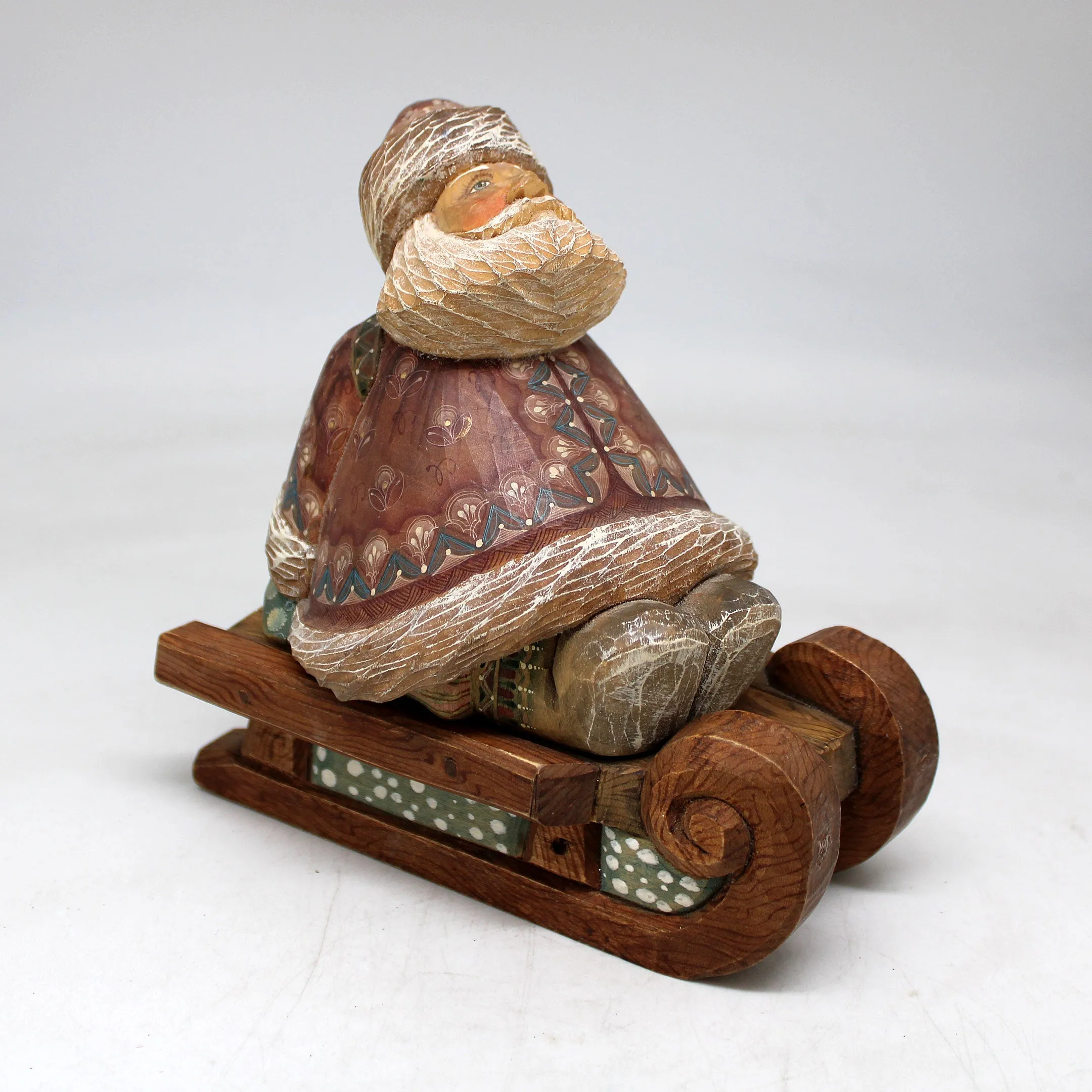 One-of-a-Kind Santa with Bag on Sleigh WOODCARVED Figurine 6x6x35 inches by G DeBrekht - - Unique Handcarved and Handpainted Collectible