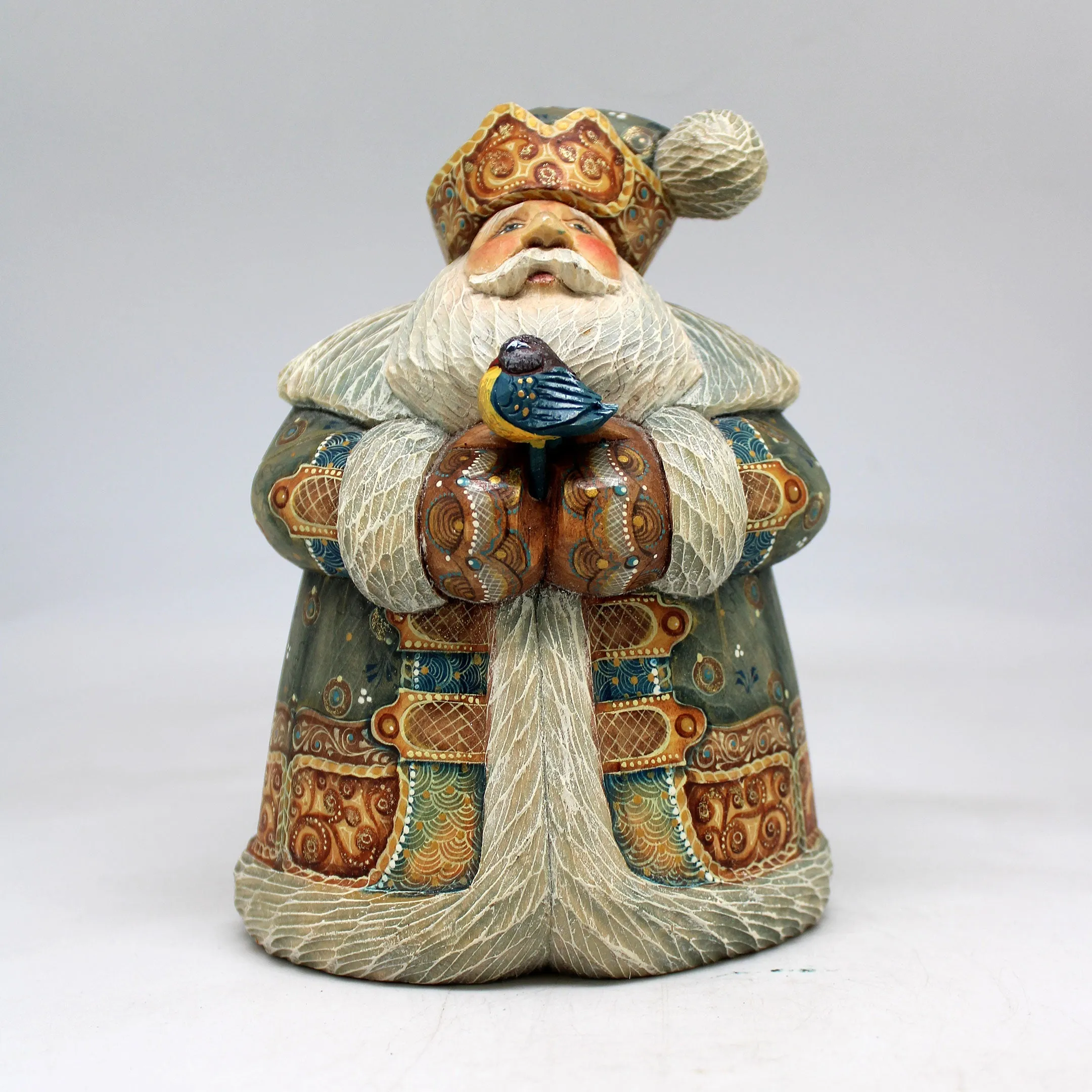One-of-a-Kind Santa with Bird WOODCARVED Figurine 65x4x5 Inches by G DeBrekht - - Unique Hand-carved and Hand-Painted Collectible
