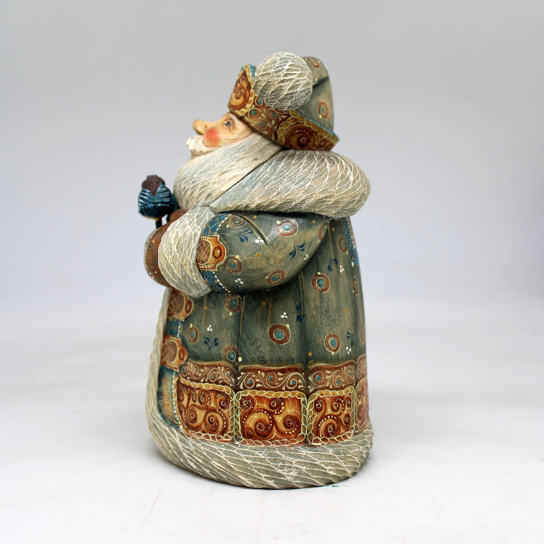 One-of-a-Kind Santa with Bird WOODCARVED Figurine 65x4x5 Inches by G DeBrekht - - Unique Hand-carved and Hand-Painted Collectible