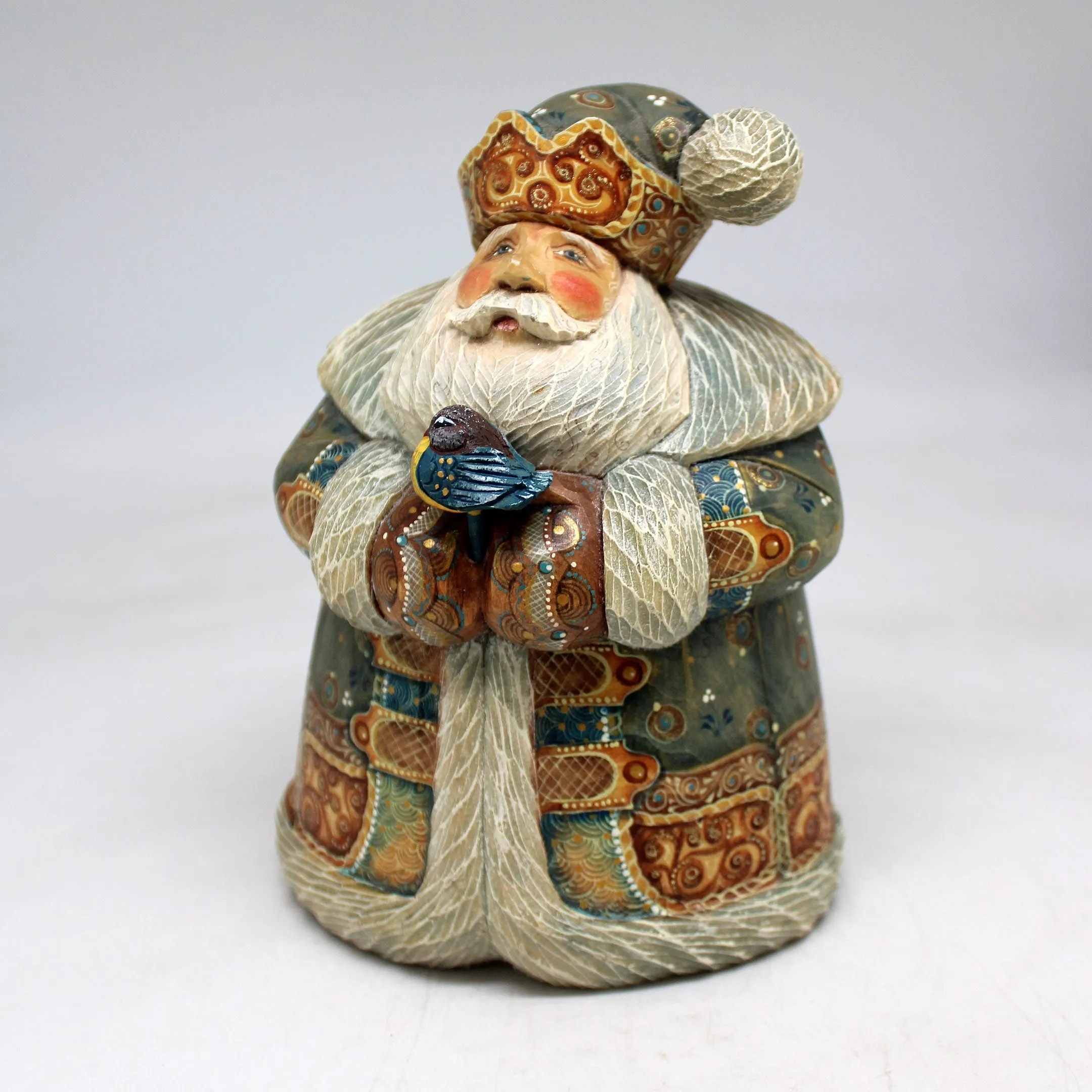 One-of-a-Kind Santa with Bird WOODCARVED Figurine 65x4x5 Inches by G DeBrekht - - Unique Hand-carved and Hand-Painted Collectible