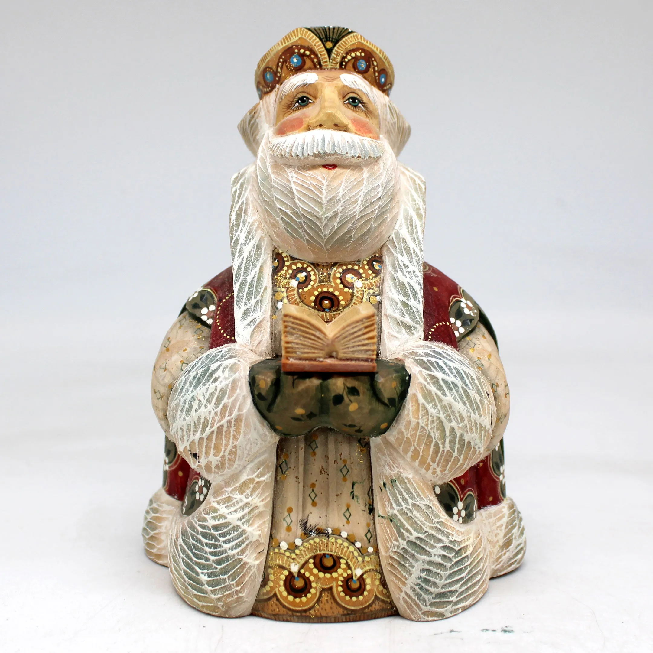 One-of-a-Kind - Santa with Book WOODCARVED Figurine 5.5x4x3.5 by G.DeBrekht - Unique Handcarved and Hand-Painted Collectible