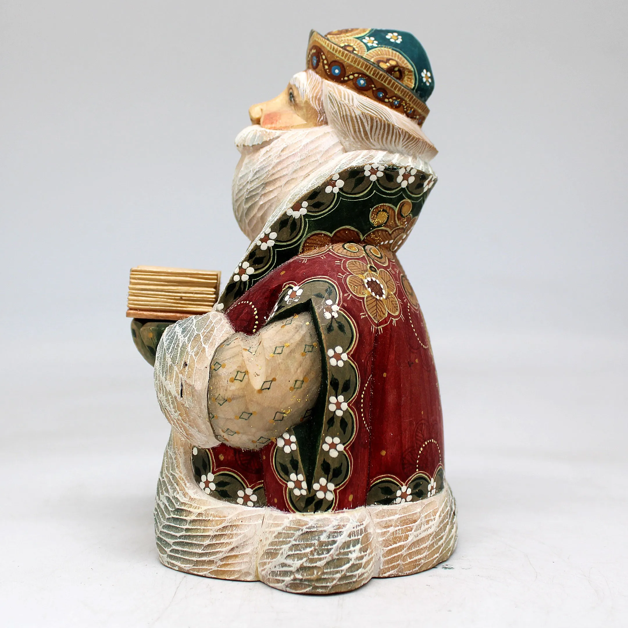 One-of-a-Kind - Santa with Book WOODCARVED Figurine 5.5x4x3.5 by G.DeBrekht - Unique Handcarved and Hand-Painted Collectible