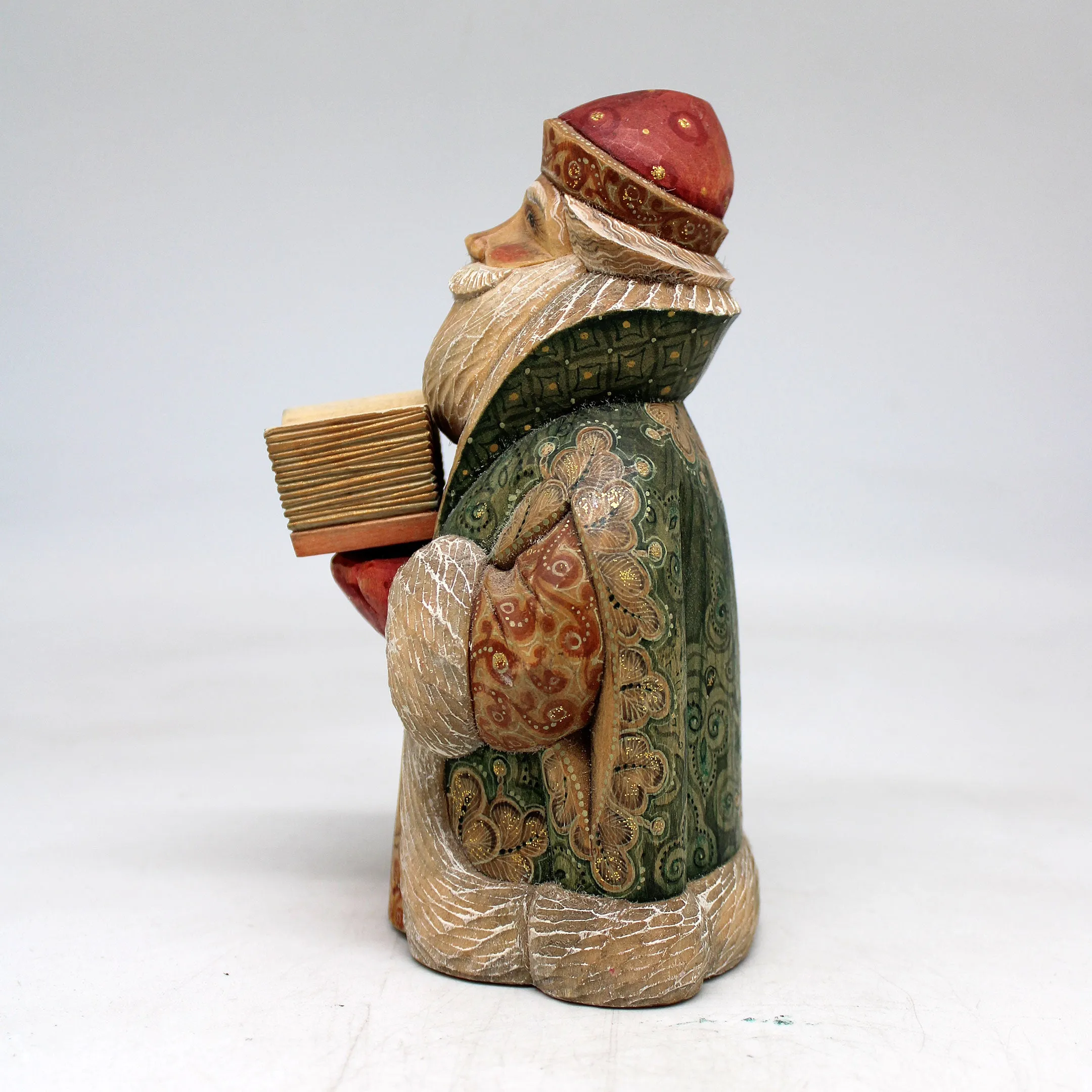 One-of-a-Kind Santa with Book WOODCARVED Figurine 6x35x35 by G DeBrekht - - Unique Handcrafted and Hand-Painted Collectible