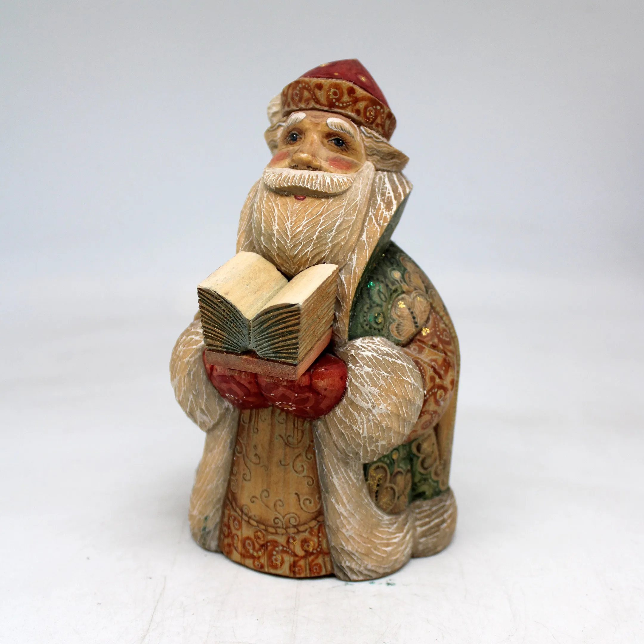 One-of-a-Kind Santa with Book WOODCARVED Figurine 6x35x35 by G DeBrekht - - Unique Handcrafted and Hand-Painted Collectible