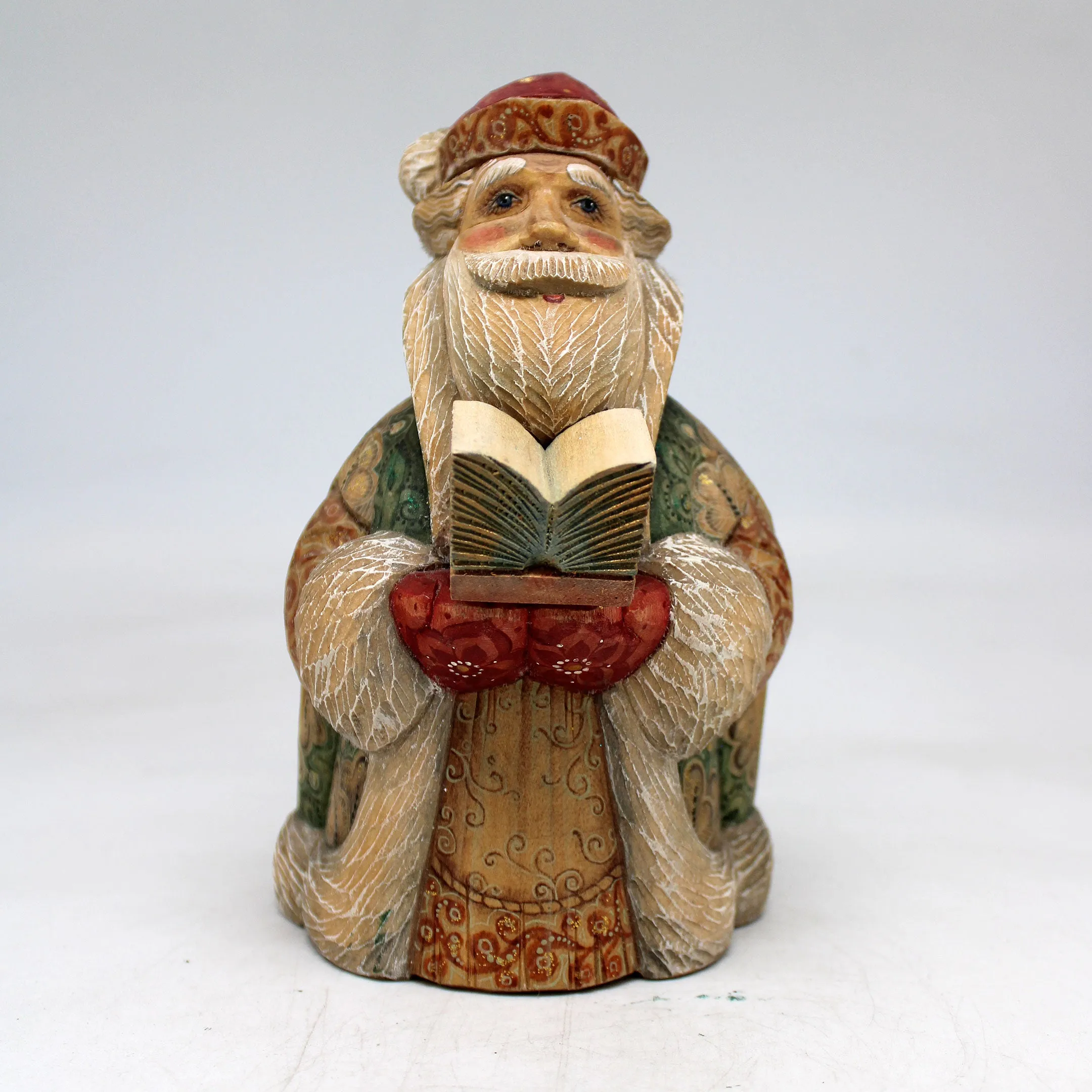 One-of-a-Kind Santa with Book WOODCARVED Figurine 6x35x35 by G DeBrekht - - Unique Handcrafted and Hand-Painted Collectible