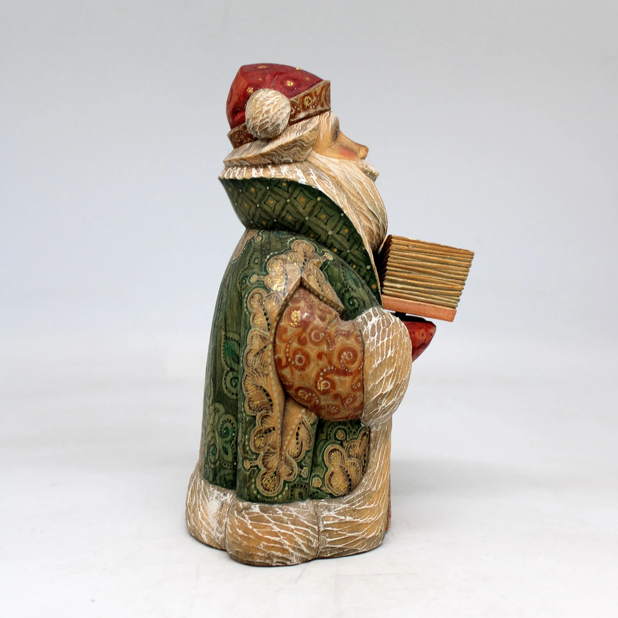 One-of-a-Kind Santa with Book WOODCARVED Figurine 6x35x35 by G DeBrekht - - Unique Handcrafted and Hand-Painted Collectible