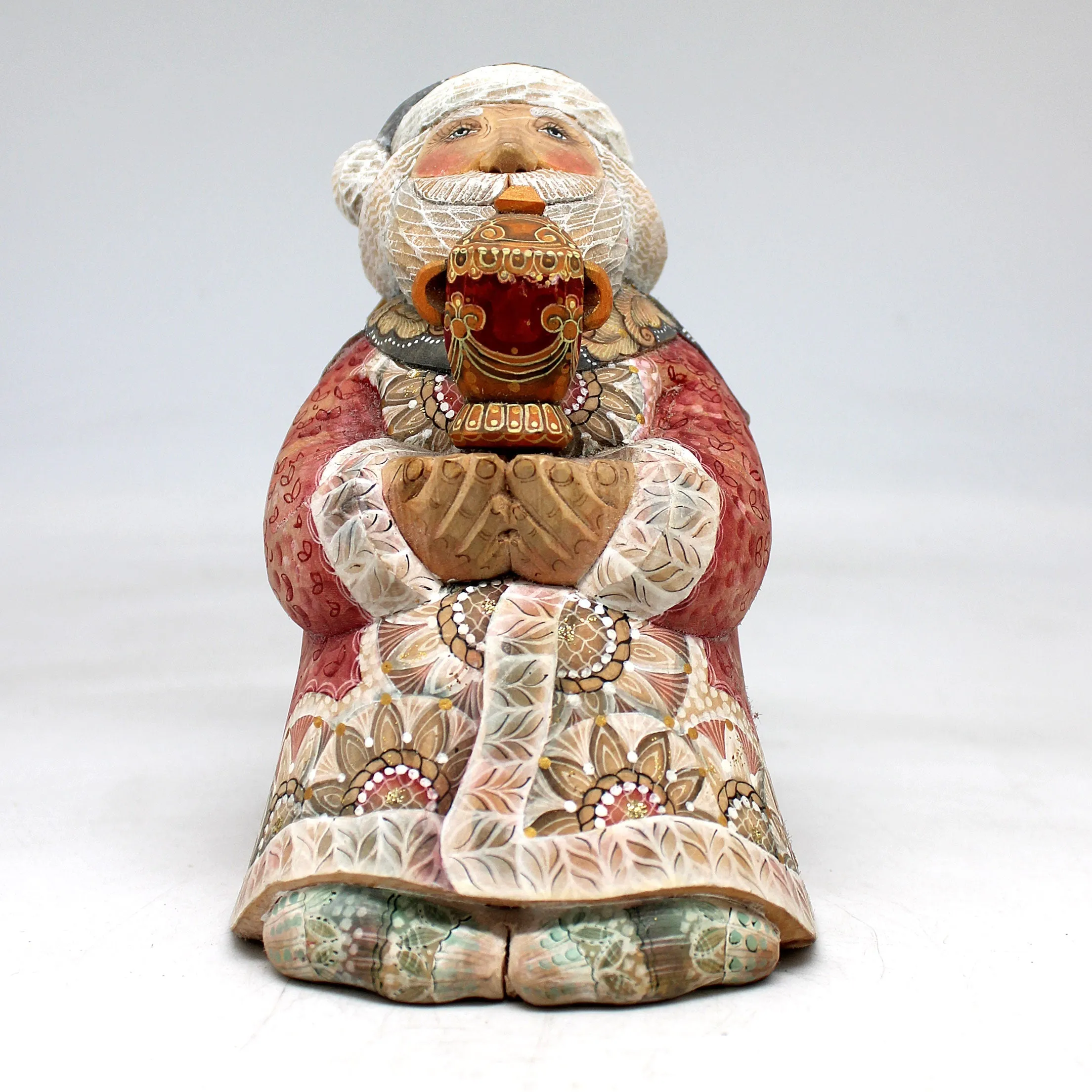 One-of-a-Kind - Santa with Gift WOODCARVED Figurine 5.5x3.5x4.5 by G.DeBrekht - Unique Handcarved and Hand-Painted Collectible