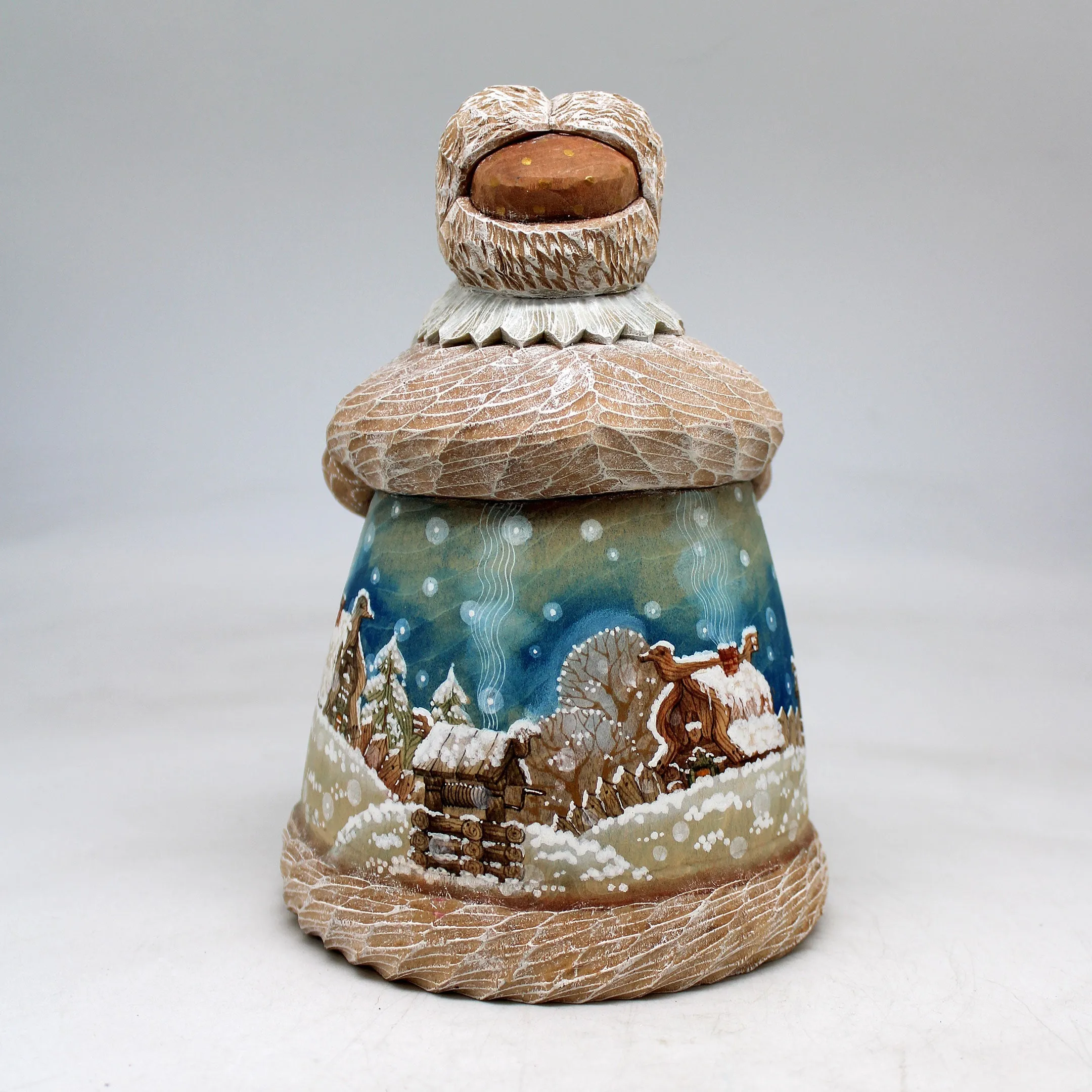 One-of-a-Kind Winter Village Santa with Bird WOODCARVED Figurine 6.5x4.5x4.5"  by G.DeBrekht, - Unique Handcarved and Handpainted Collectible