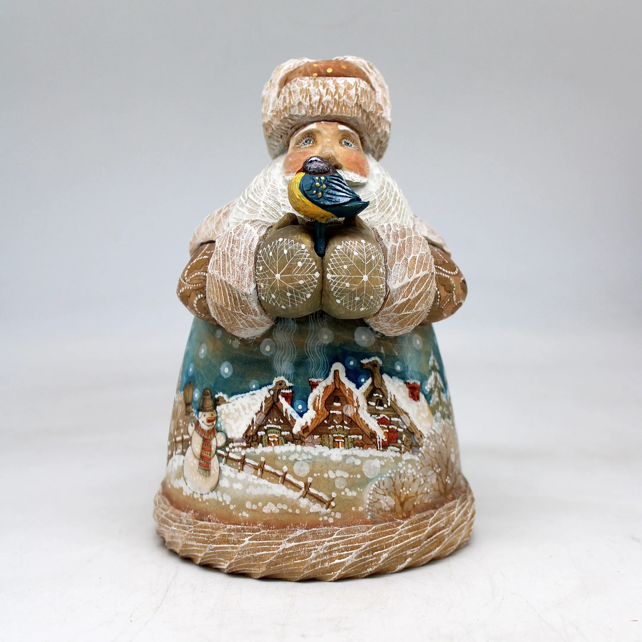 One-of-a-Kind Winter Village Santa with Bird WOODCARVED Figurine 6.5x4.5x4.5"  by G.DeBrekht, - Unique Handcarved and Handpainted Collectible