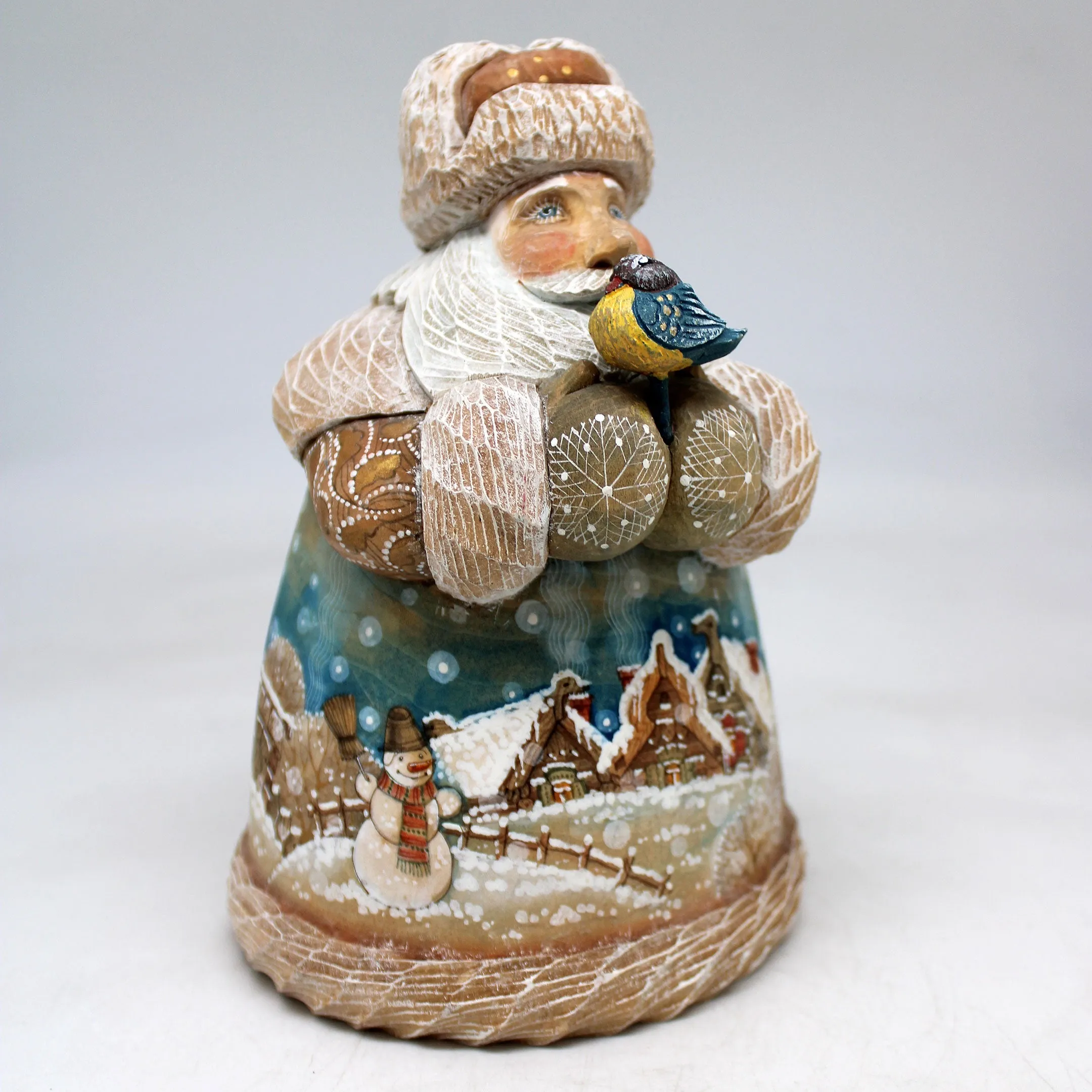 One-of-a-Kind Winter Village Santa with Bird WOODCARVED Figurine 6.5x4.5x4.5"  by G.DeBrekht, - Unique Handcarved and Handpainted Collectible