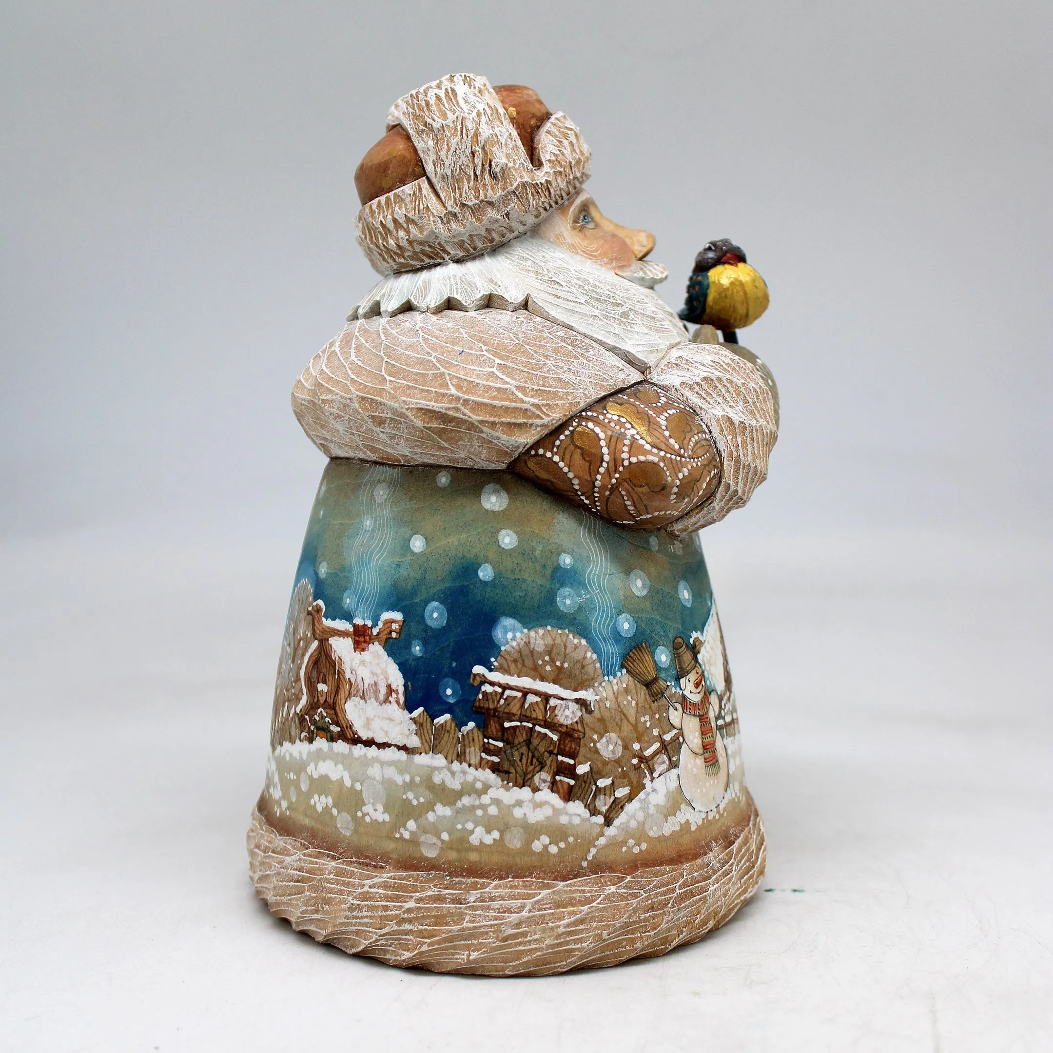 One-of-a-Kind Winter Village Santa with Bird WOODCARVED Figurine 6.5x4.5x4.5"  by G.DeBrekht, - Unique Handcarved and Handpainted Collectible