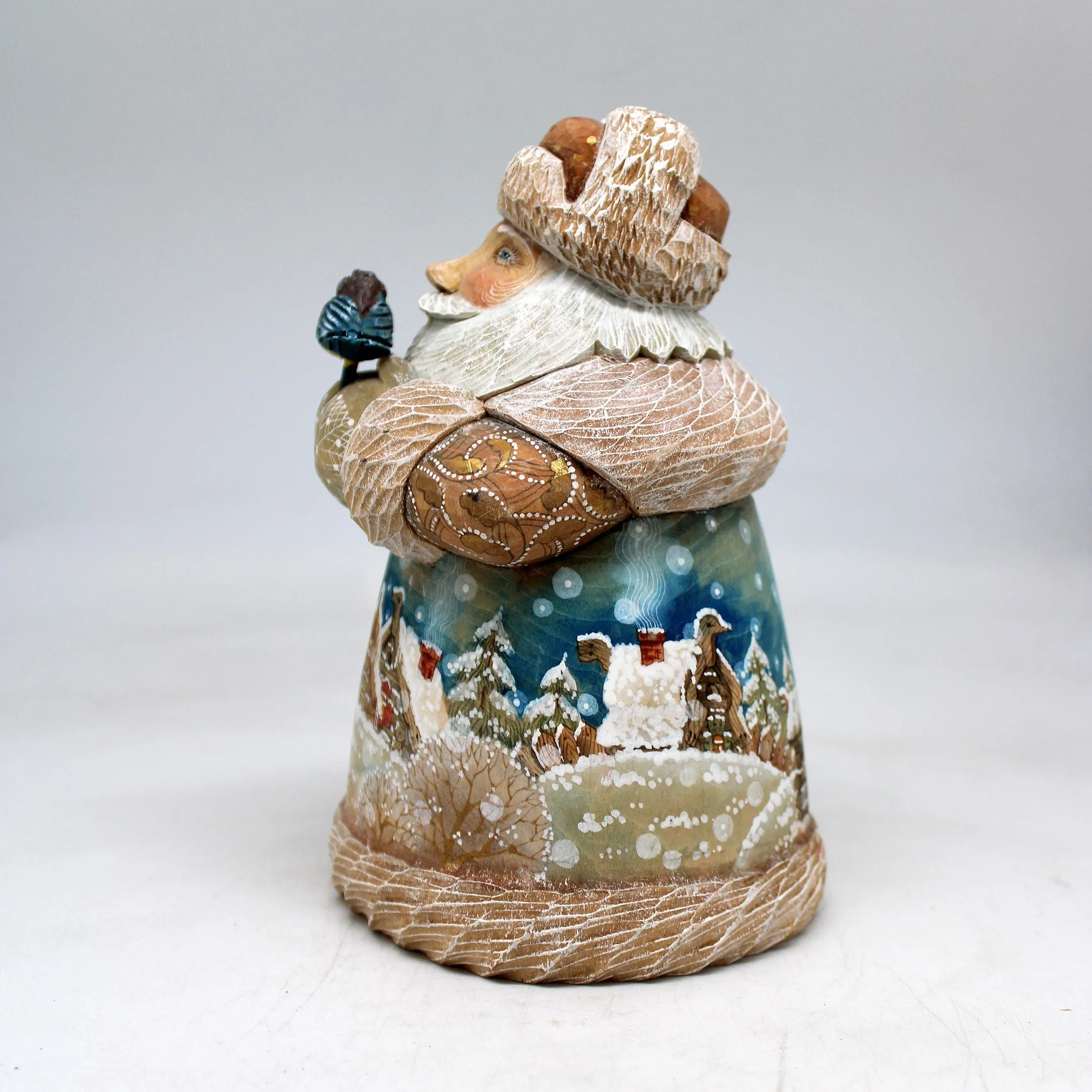 One-of-a-Kind Winter Village Santa with Bird WOODCARVED Figurine 6.5x4.5x4.5"  by G.DeBrekht, - Unique Handcarved and Handpainted Collectible
