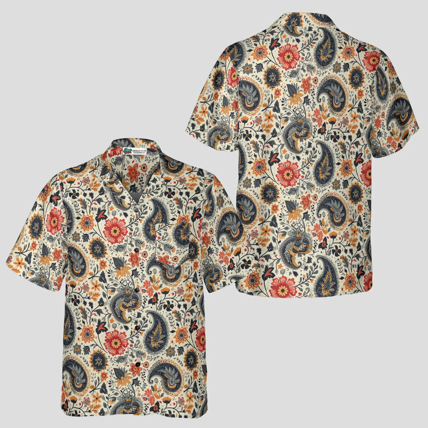 Paisley Bloom Hawaiian Shirt for Men, Vintage Floral Paisley Aloha Shirt, Boho Tropical Beach Shirt