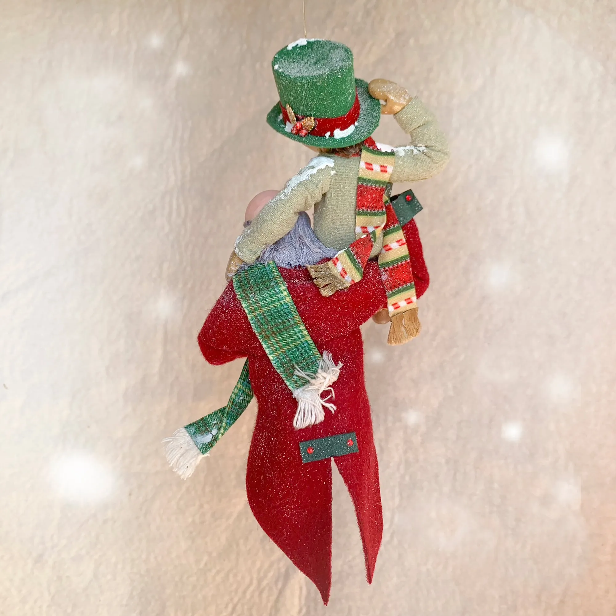 Scrooge a new man with Tiny Tim on his shoulder - Hanging Christmas Ornament