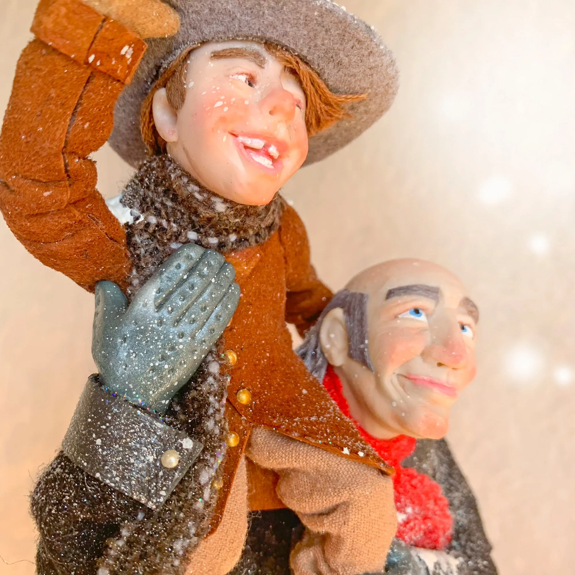 Scrooge a new man with Tiny Tim on his shoulder - Hanging Christmas Ornament