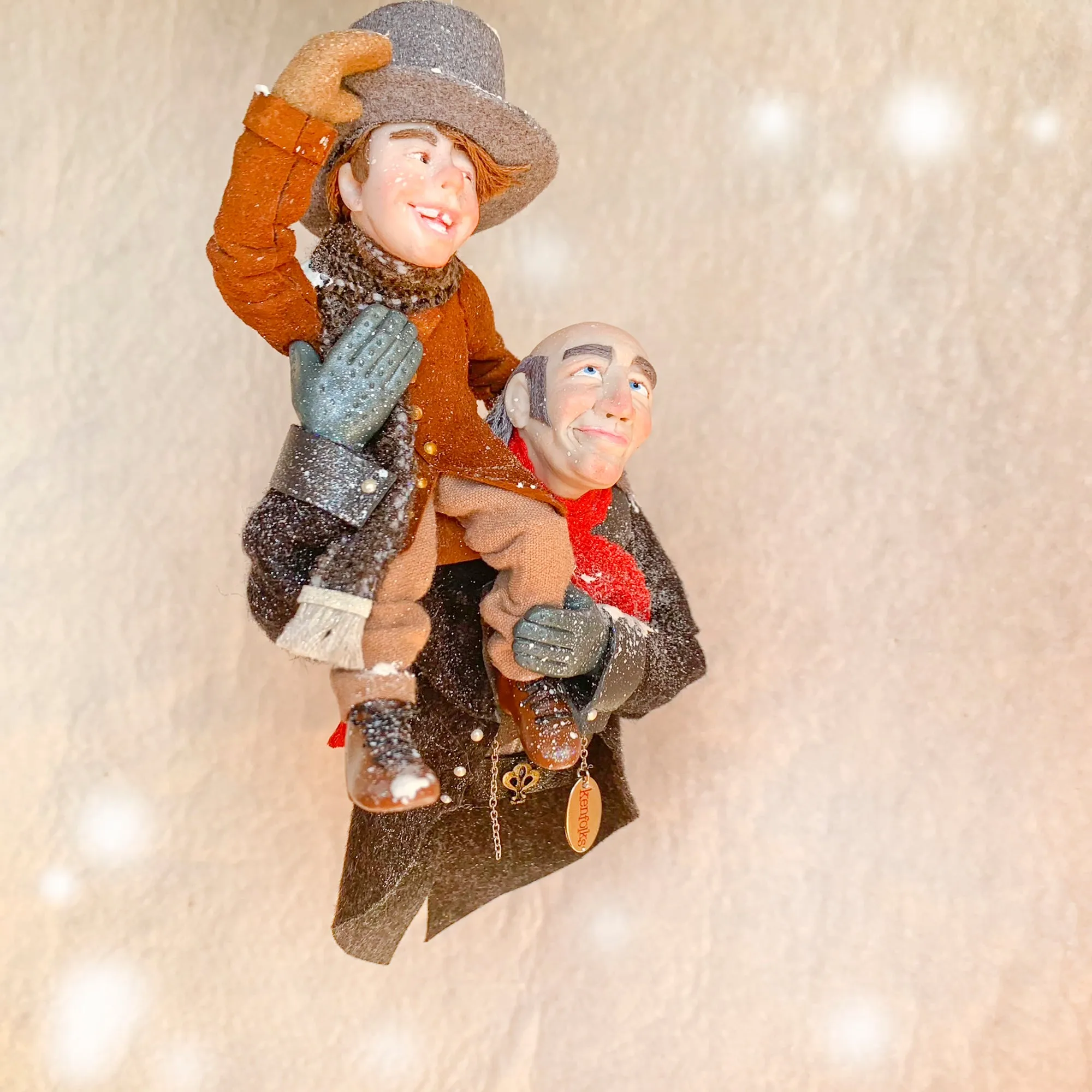 Scrooge a new man with Tiny Tim on his shoulder - Hanging Christmas Ornament