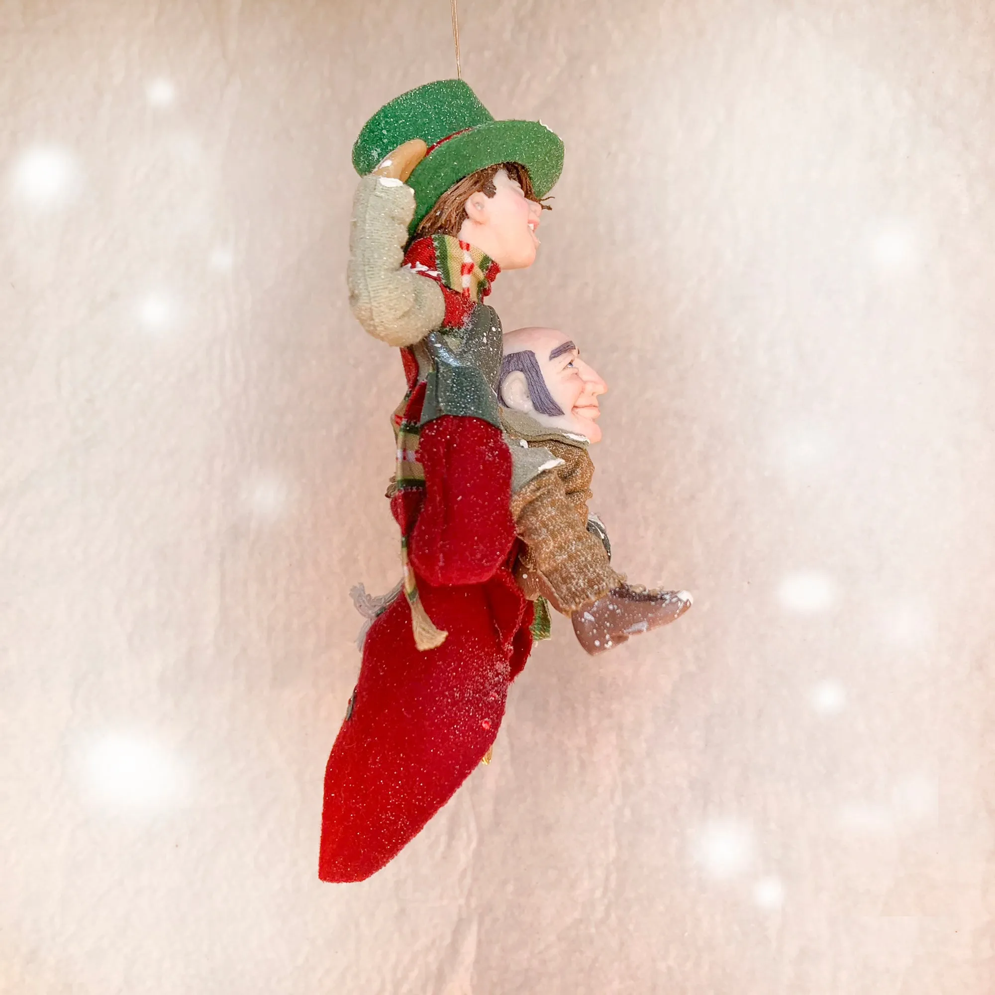 Scrooge a new man with Tiny Tim on his shoulder - Hanging Christmas Ornament