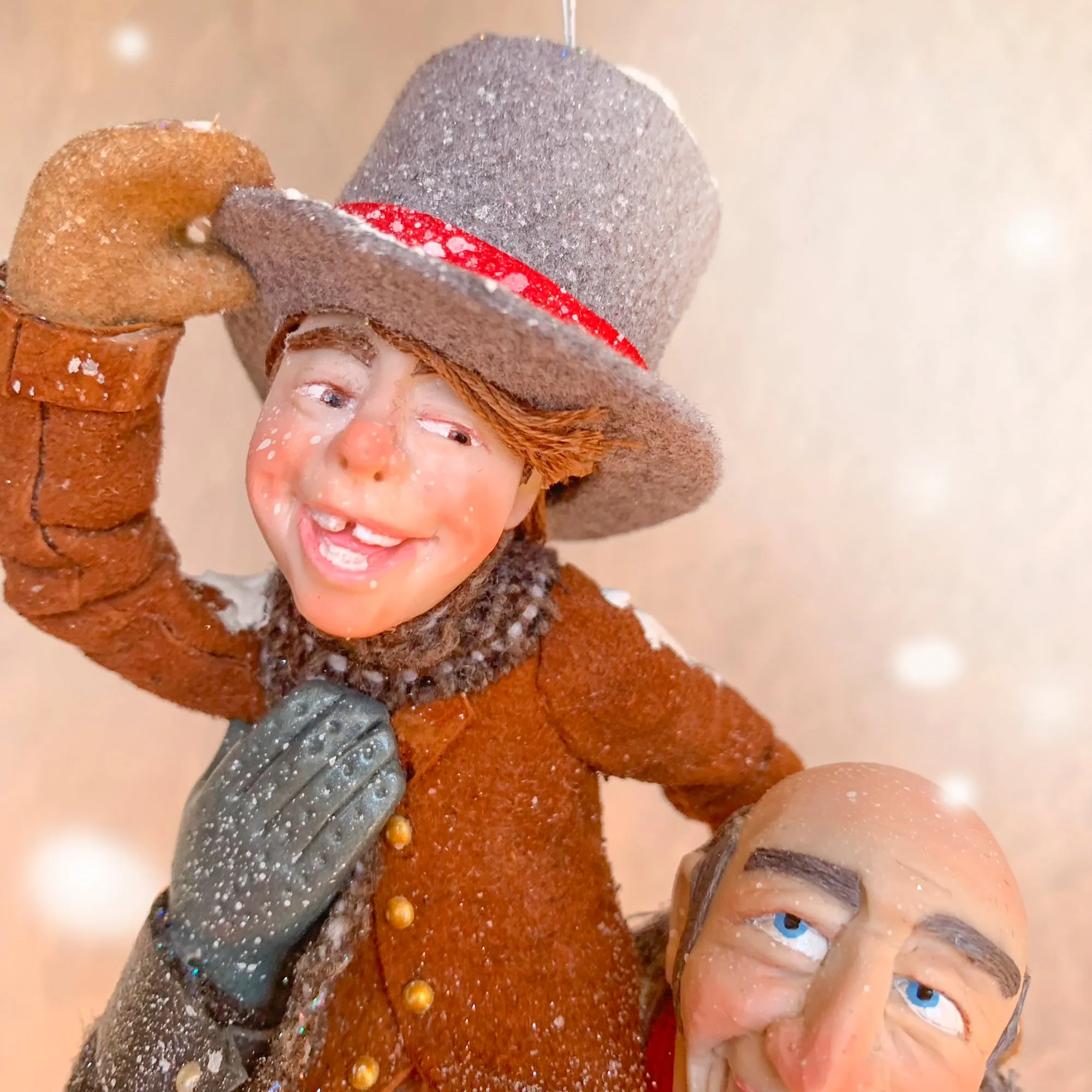 Scrooge a new man with Tiny Tim on his shoulder - Hanging Christmas Ornament