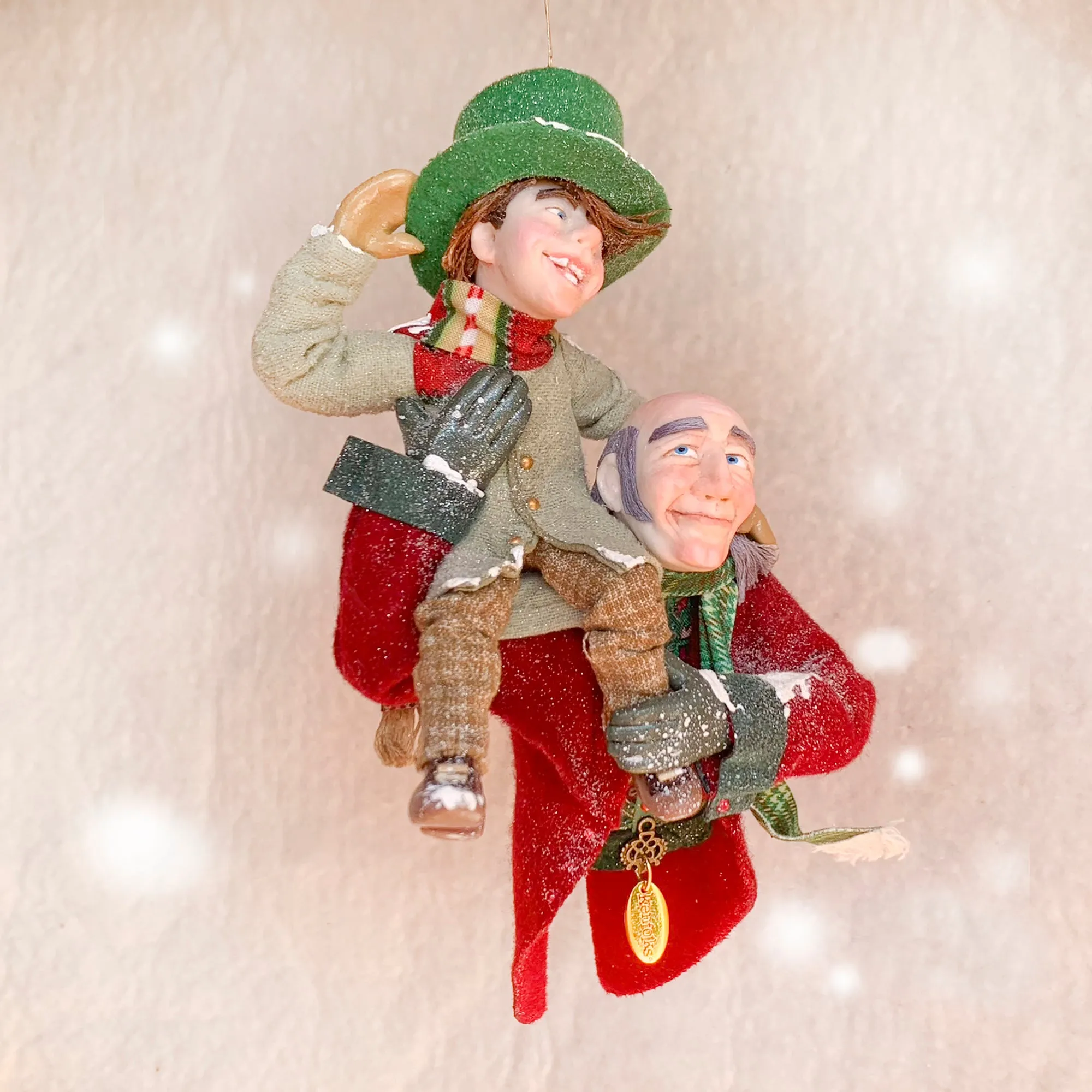 Scrooge a new man with Tiny Tim on his shoulder - Hanging Christmas Ornament