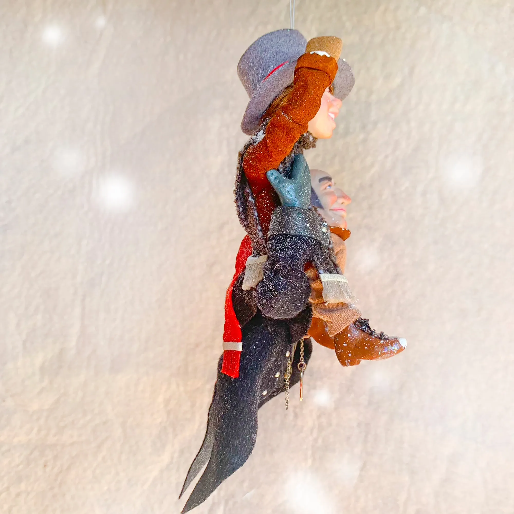 Scrooge a new man with Tiny Tim on his shoulder - Hanging Christmas Ornament