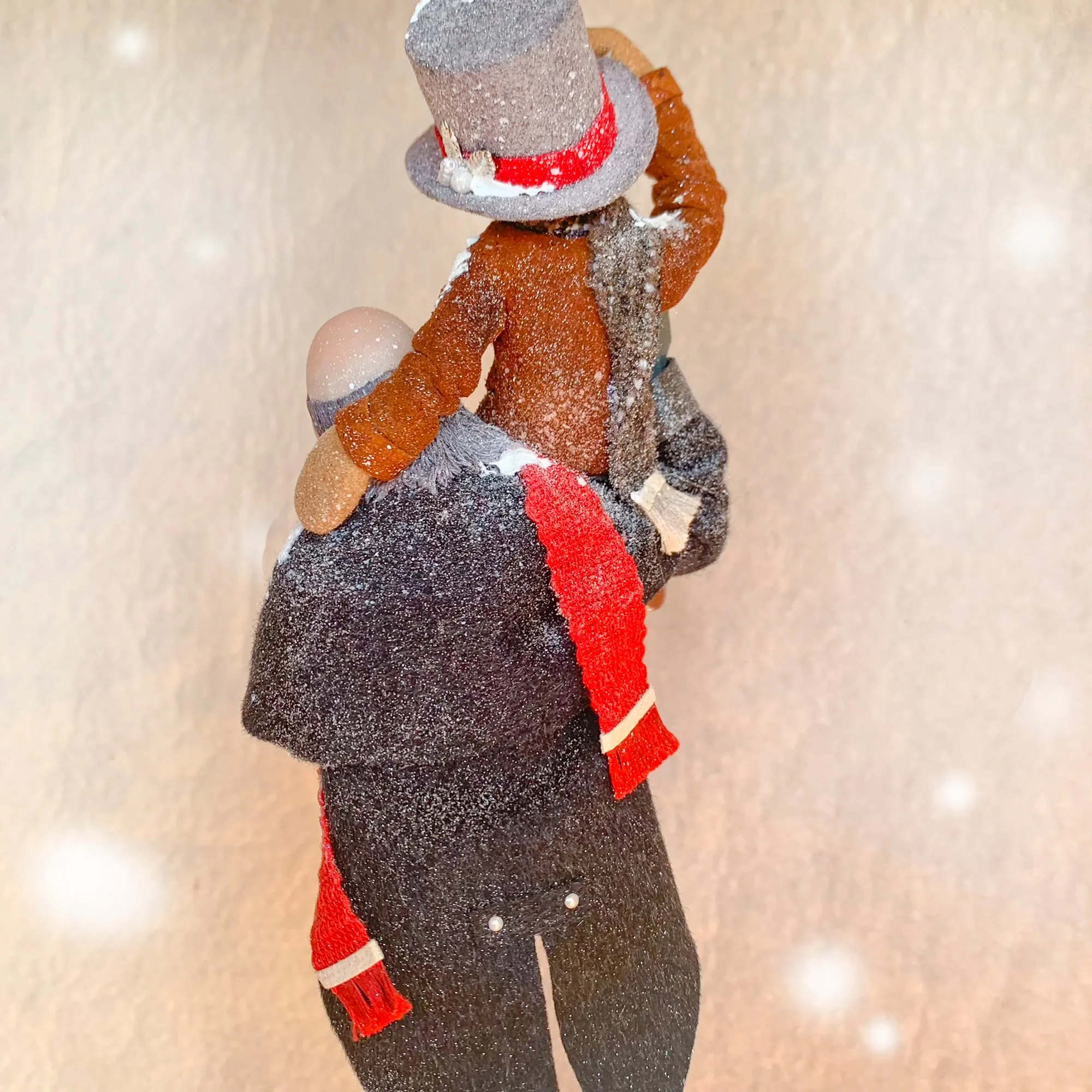 Scrooge a new man with Tiny Tim on his shoulder - Hanging Christmas Ornament