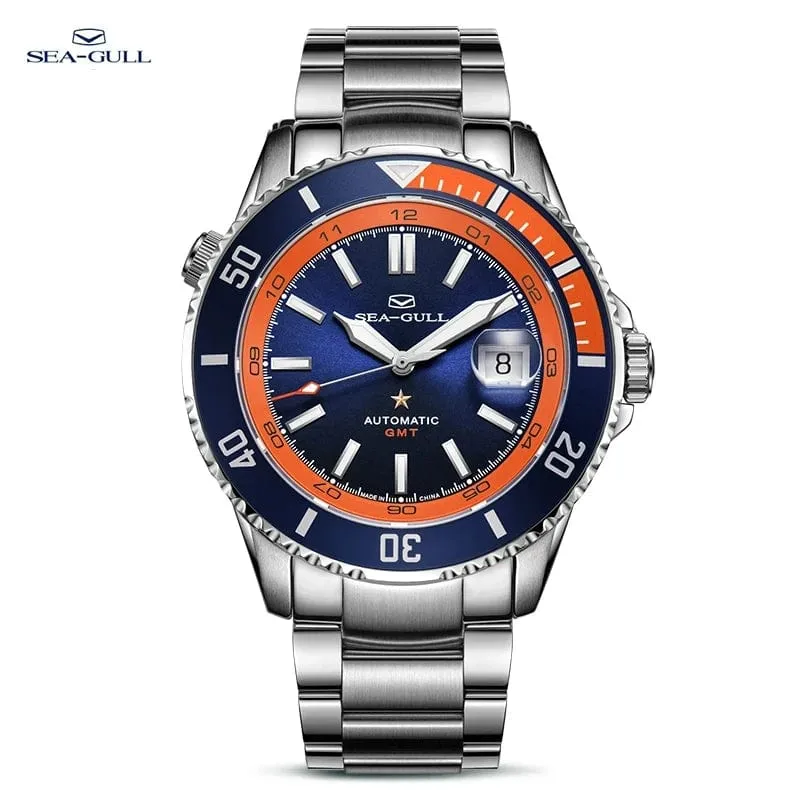 Sea- Gull Original Official World Famous  Man's Luxury Ocean Star Dual Time Zone Wristwatch Sport 200 Diving Waterproof Automatic Movement