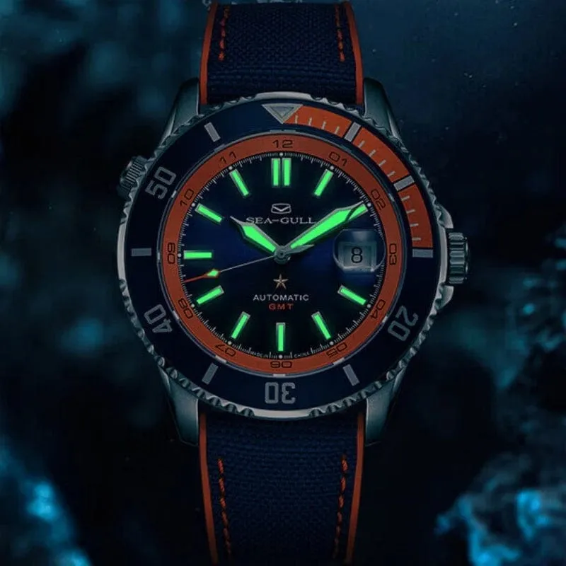 Sea- Gull Original Official World Famous  Man's Luxury Ocean Star Dual Time Zone Wristwatch Sport 200 Diving Waterproof Automatic Movement