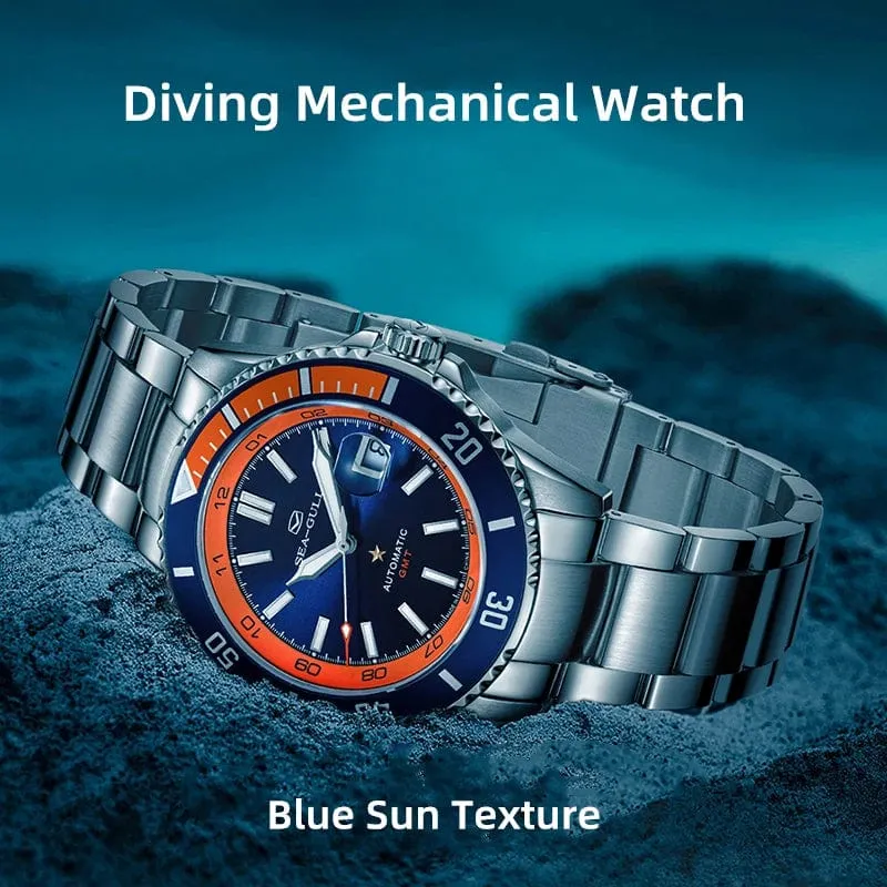 Sea- Gull Original Official World Famous  Man's Luxury Ocean Star Dual Time Zone Wristwatch Sport 200 Diving Waterproof Automatic Movement